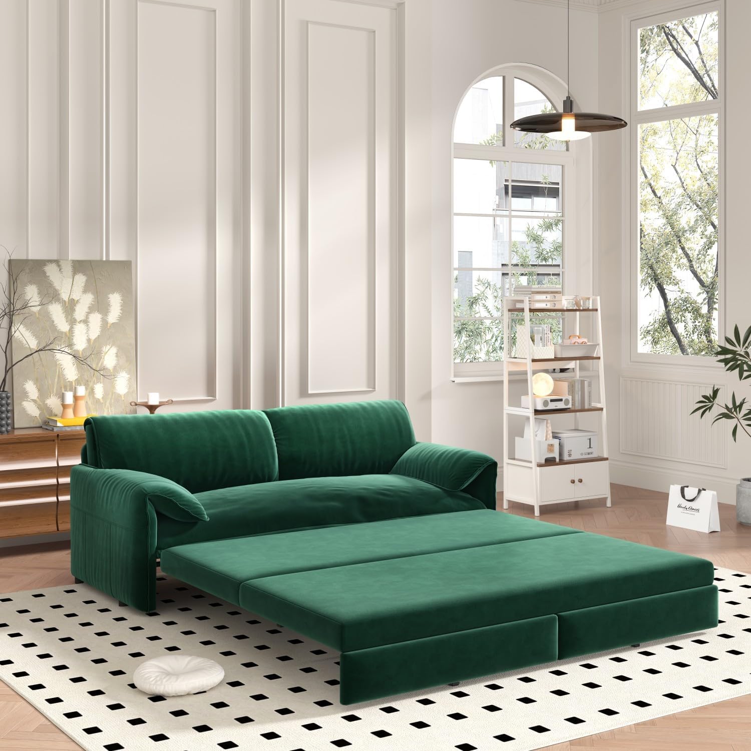 Rovibek 66" Velvet Futon Sofa Bed, 3-in-1 Convertible Pull-Out Sleeper Couch with Side Storage, Modern Loveseat Lounge for Small Space, Apartment, Guest Room (Green)