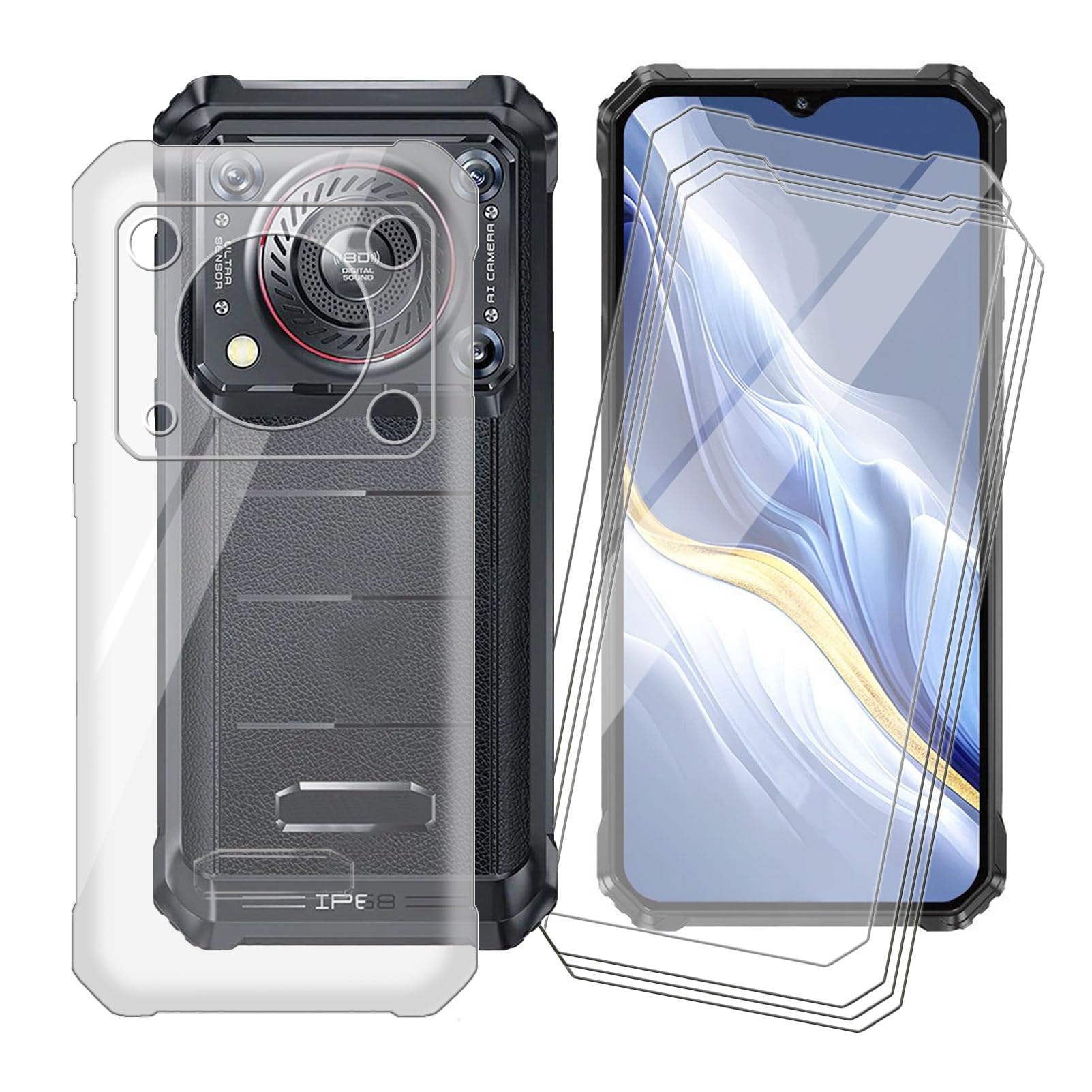 IJTYHF 4 Pack Cover for Oukitel WP36 (6.52 inch) Screen Protector and Soft Silicone Shell Transparent Phone Case TPU Bumper - Tempered Glass 9H Hardness Protective Film