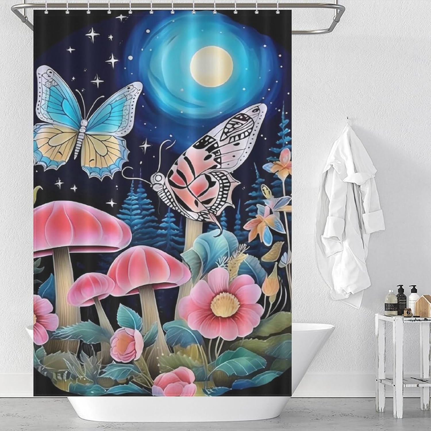 Romantic Mushroom Butterfly Flower Funny Shower Curtains Washable Bath Curtain Liner with Hooks for Bathroom Bath Tubs