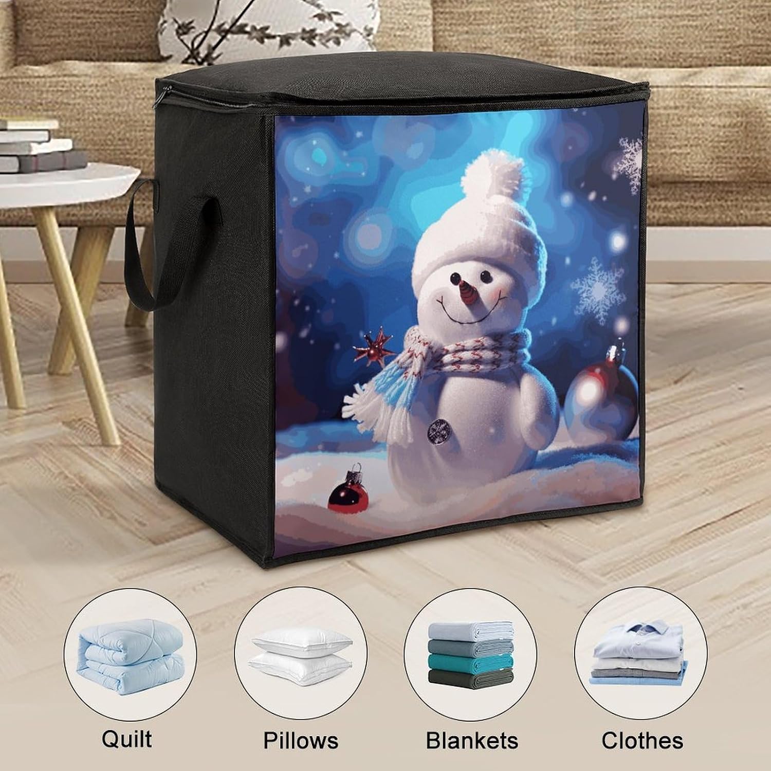 Merry Christmas Snowman Storage Bag with Zippers And Handle Extra Large Bedding Comforter Storage Bag Foldable Blanket Storage Bags Fabric Moving Bags for Closet Organizer (70L)