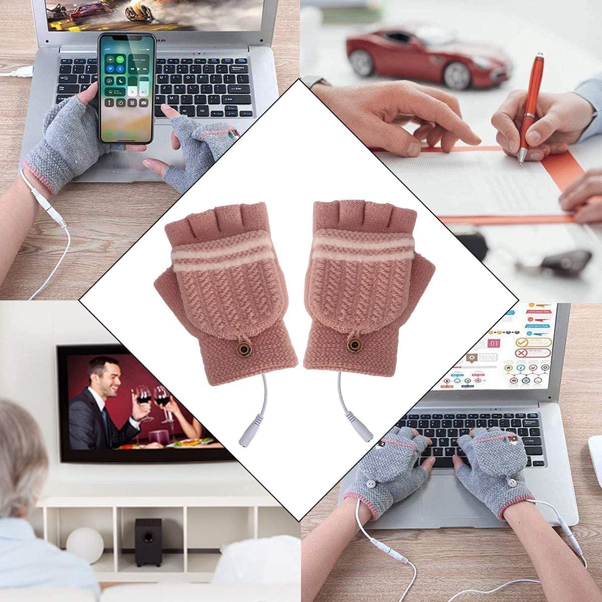 Gants chauffants USB pour femme, gants d'hiver chauds pour ordinateur portable, mains complètes et demi chauffantes sans doigts, chauffe-mains lavables