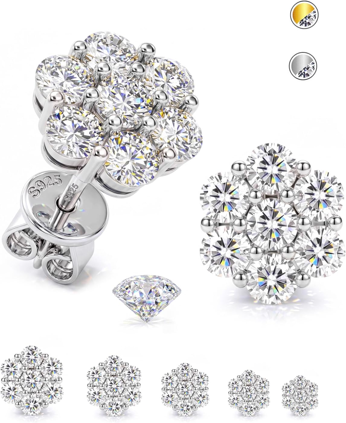 GEMQUEEN Moissanite Earrings Studs 925 Sterling Silver Flower Stud Earring