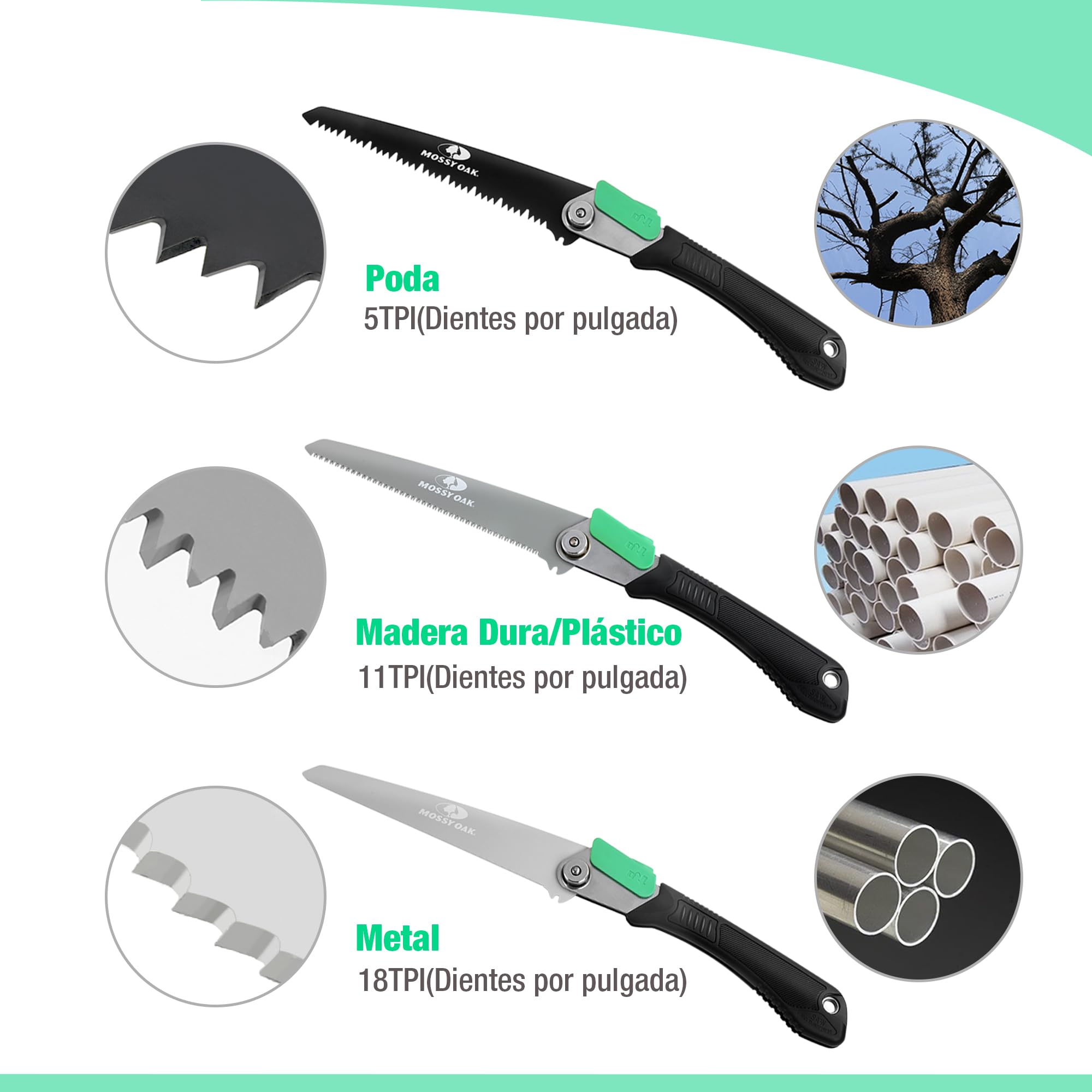 Mossy Oak Sierra de Podar 3 en 1, Sierra Plegable con Cuchillos de Madera, Métal y Plástico, Serrucho Plegable con Bolsa de Organizador, para Poda, Jardinería, Madera, Tubos, Metal