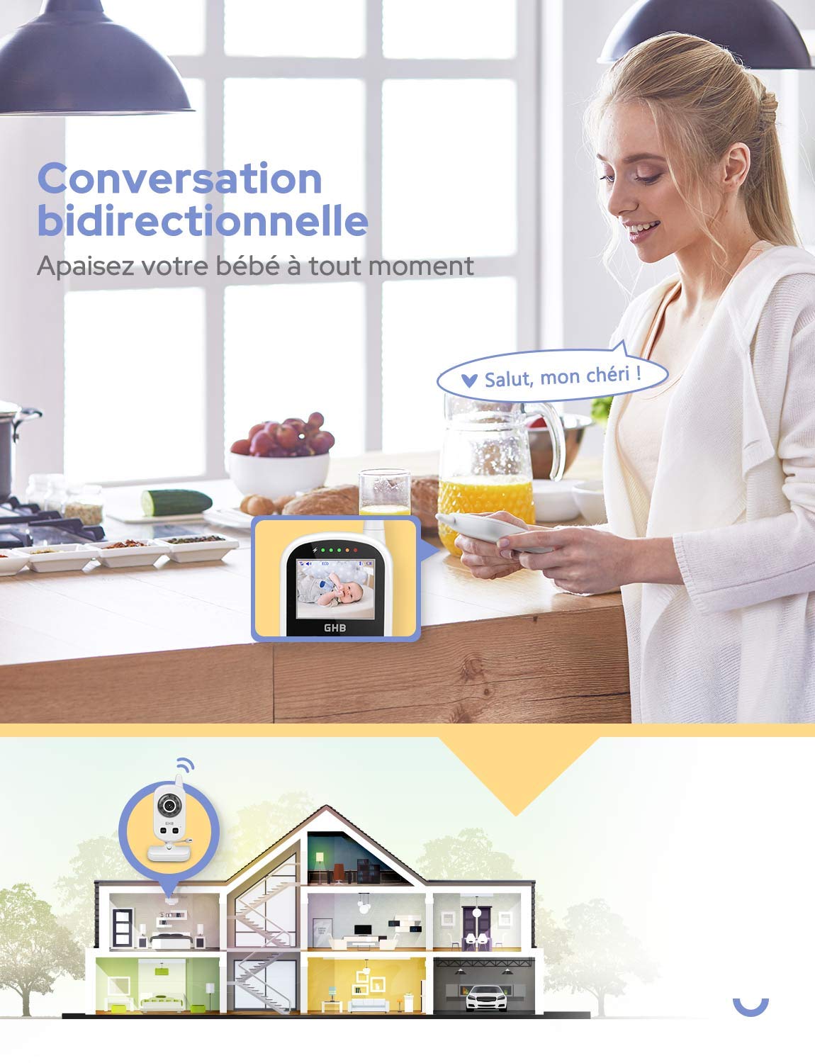 GHB Babyphone Caméra Bébé Moniteur 2,4 inches LCD Babyphone Vidéo Bébé Surveillance 2,4 GHz Capteur de Température Communication Bidirectionnelle Vision Nocturne