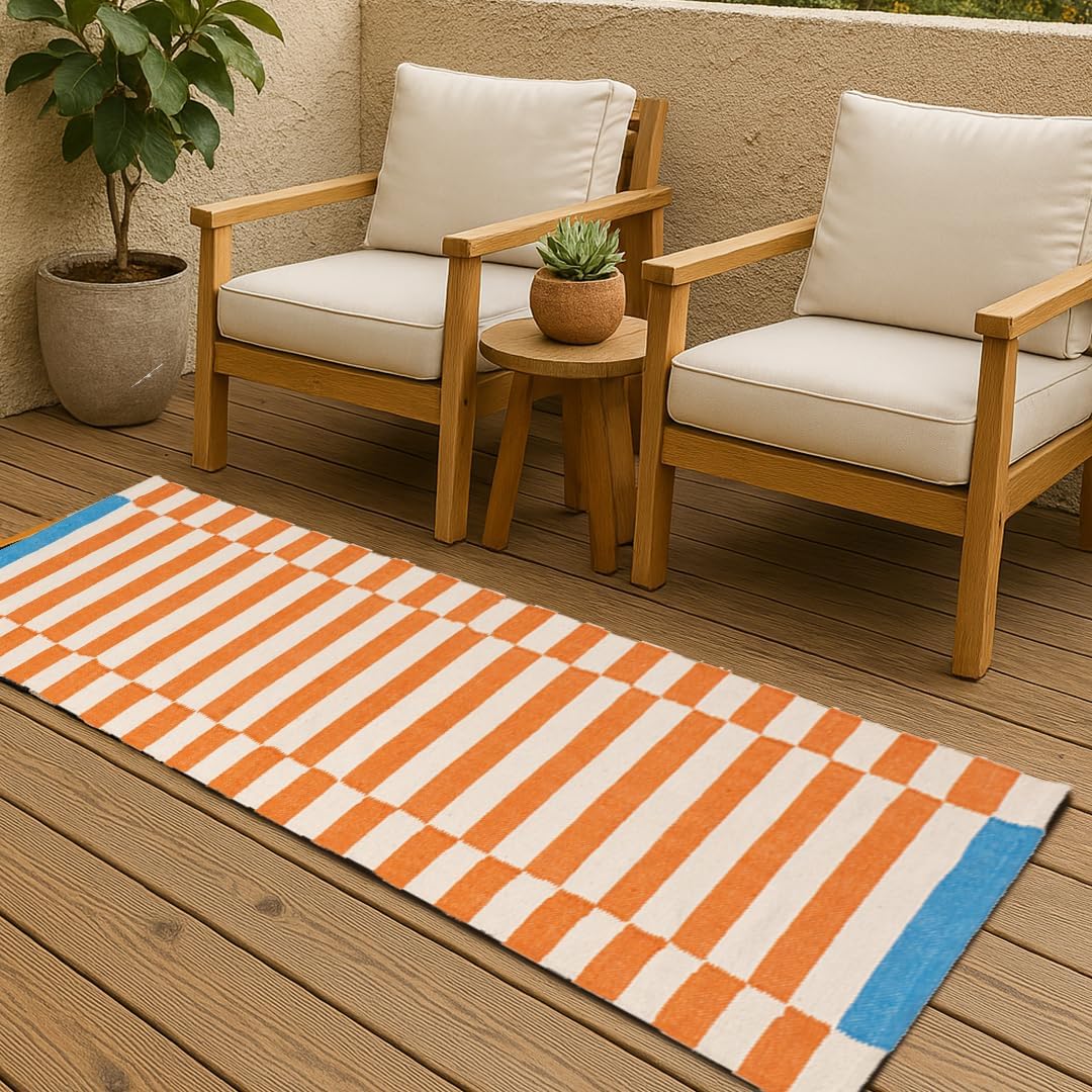 Folkulture Runner Rug for Hallway- (2x6 ft) | 100% Cotton, Washable, Water Absorbent Runner Rugs for Entry, Bedroom, Kitchen | Non Slip, Colorful Orange & Blue Stiped Floor Rug for Living Room