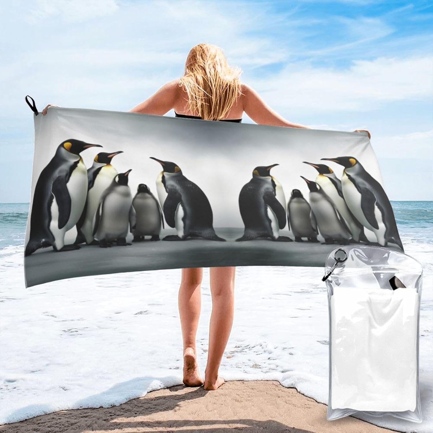 Large Quick Dry Beach Towel Penguin Family Printing Microfiber Camping Towels Super Absorbent Travel Beach Towels for Traveling,Hiking,Swimming, Bath,Sports,Yoga (27.5"X55")