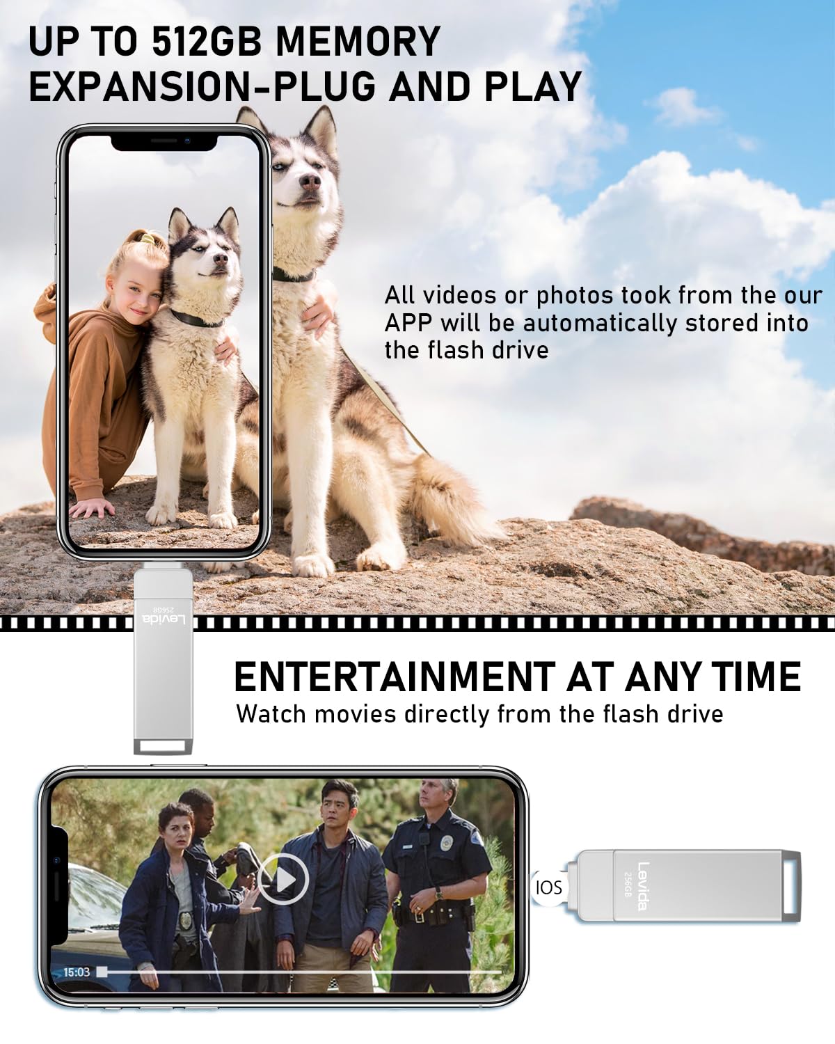 Chiavetta USB 256gb per Phone,Levida Pen Drive Penna USB 3.0 Pendrive 4 in 1 Photostick Chiave USB Type C con iOS,Android,Tipo C Porta/Smartphone, Computer, Laptop, PC,Argento