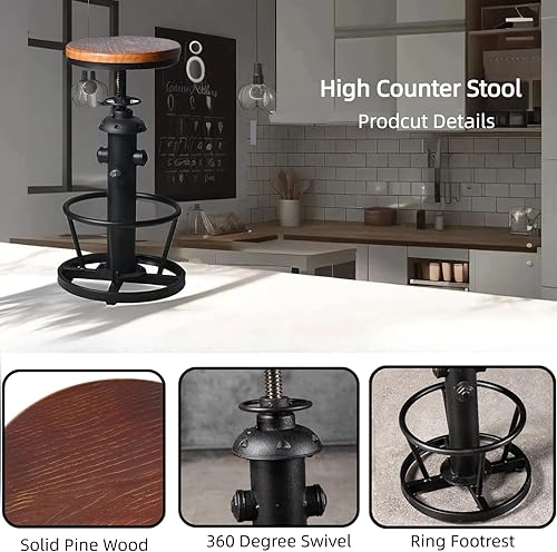 Miniatura 4 de BOKKOLIK Taburete de bar industrial de granja, taburete KCounter vintage para isla de cocina, sillas de desayuno, comedor retro, 24.8-30.7 pulgadas,