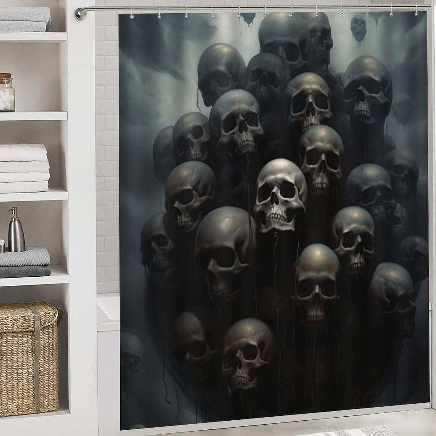 4PCS Abstract Black Skull Bathroom Set with Rugs and Toilet Lid Cover Vintage Floating Skeleton Waterproof Shower Curtain Set for Bathroom Decor, Style-1