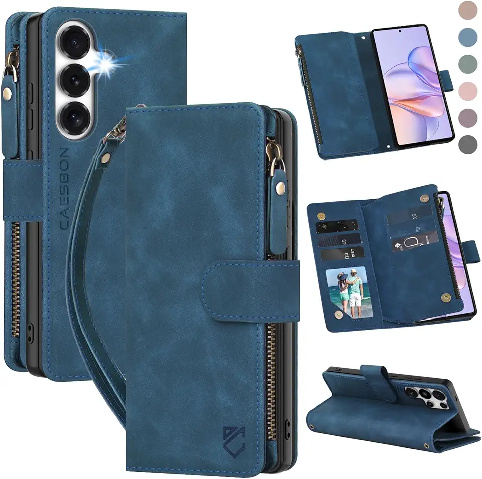 Capa carteira para Samsung Galaxy S26: com compartimentos para cartão com bloqueio RFID (6 cartões) | Bolso magnético de couro sintético macio com zíper | Alça de pulso transversal capa