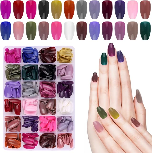 576 PCS Medium Coffin False Nails, EBANKU 24 Colors Acrylic Artificial Glossy Press on Nails Full Cover Short Ballerina False Nail Tips for Women Girls Nail Decorations