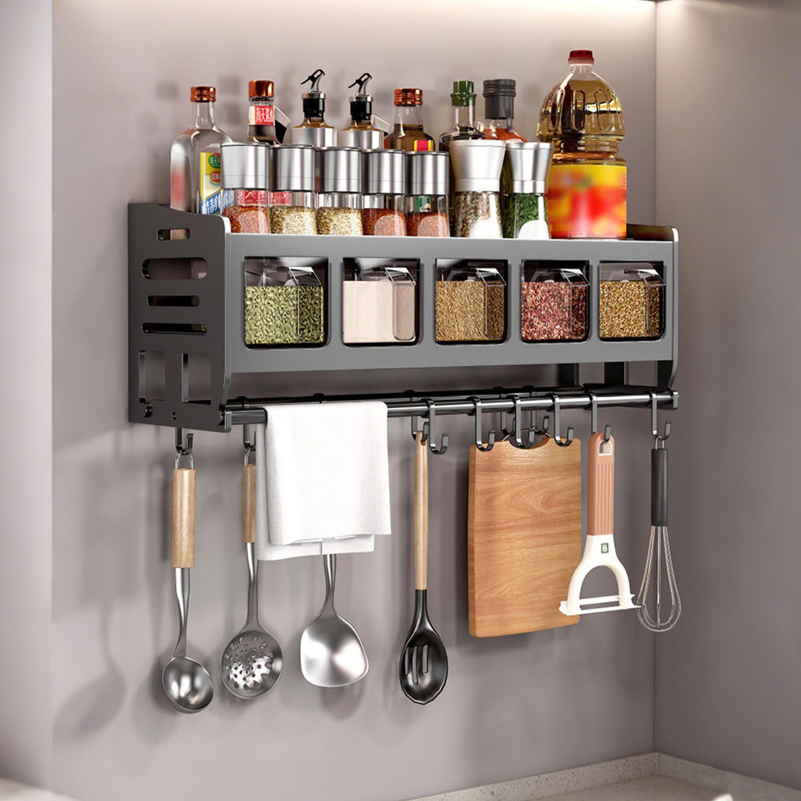 Estantería para especias de cocina con botes de especias, soporte para especias de pie y pared, con estante, soporte para papel de cocina y 12 ganchos, organizador de especias colgante con