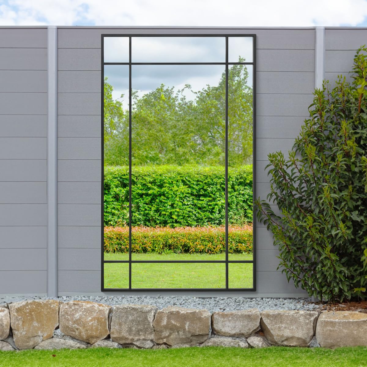 MirrorOutlet The Genestra - Black Modern Contemporary Leaner and Wall Garden Mirror 71" X 43" (180CM X 110CM) Silver Mirror Glass with Black Metal Frame. Landscape or Portrait. Frost Protected Glass…