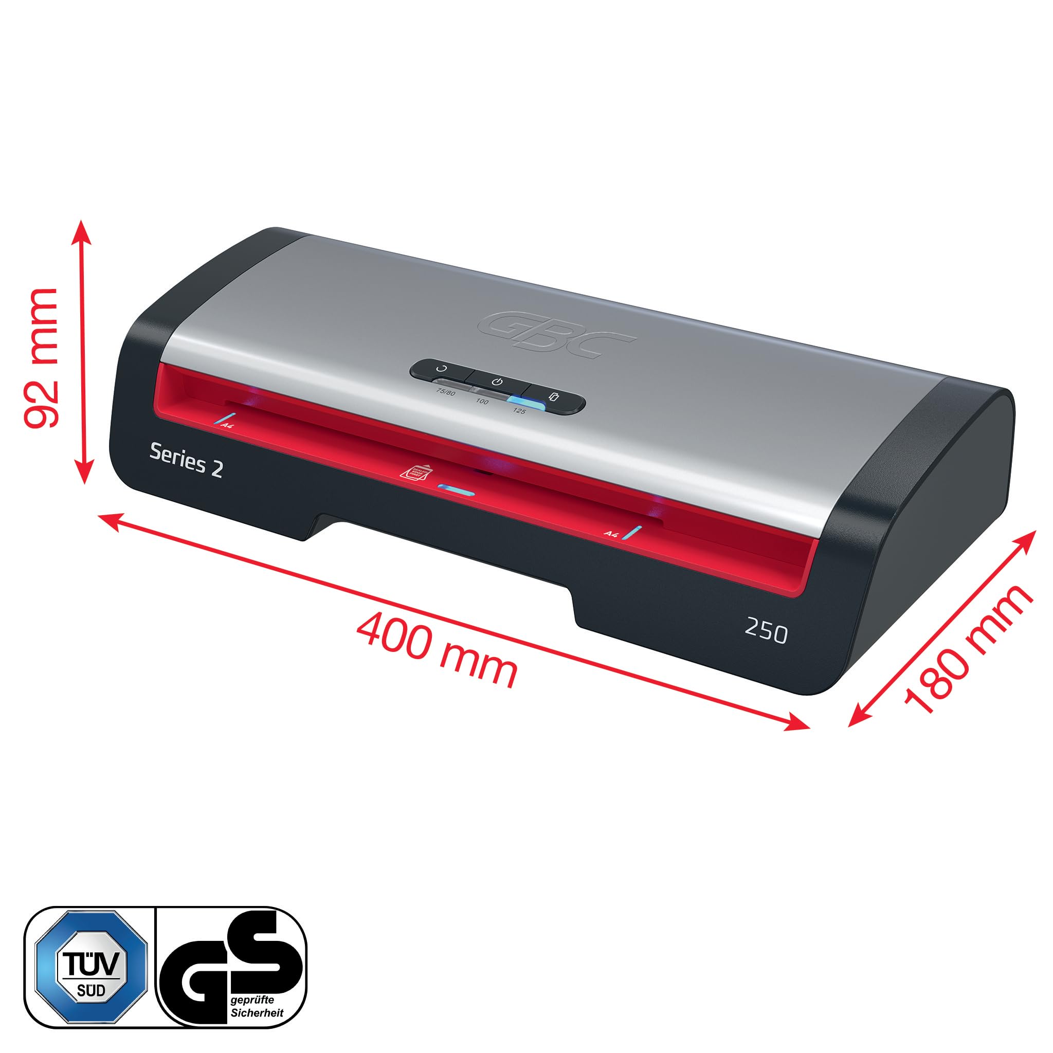 GBC 250 Office - Plastificatrice A4, versione Svizzera, riscaldamento rapido in 1 min, 75-125 micron, accesso facilitato a LED, con 5 custodie per plastificatrici A4, nero/rosso, tipo J, 4410070CH