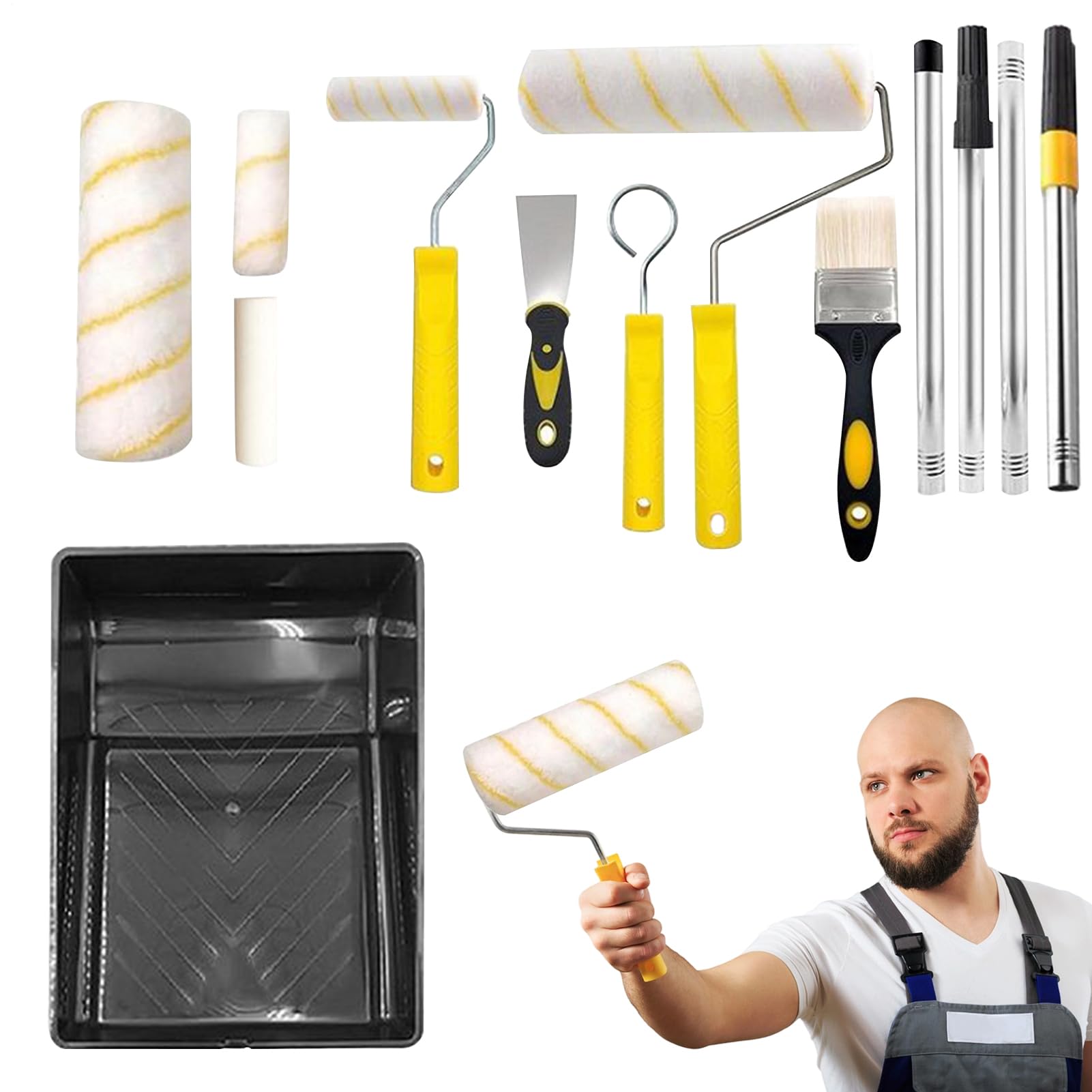 Farbroller Set,Große Farbroller Mit Ausziehbarem Stahl - Ergonomische Pinsel Mit Ausziehbarem Stahl Und Tropffreie Plateau Für Fußböden Beton Sockelleisten