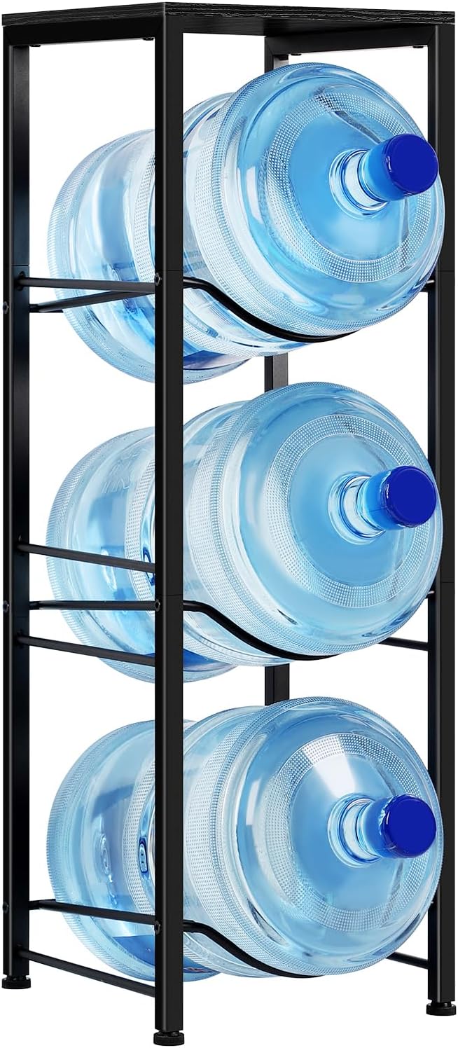 MOOACE 5 Gallon Water Bottle Holder, 3-Tier Water Jug Rack Detachable Water Bottle Dispenser Stand Organizer with Storage Shelf for Kitchen, Office, Living Room, Black