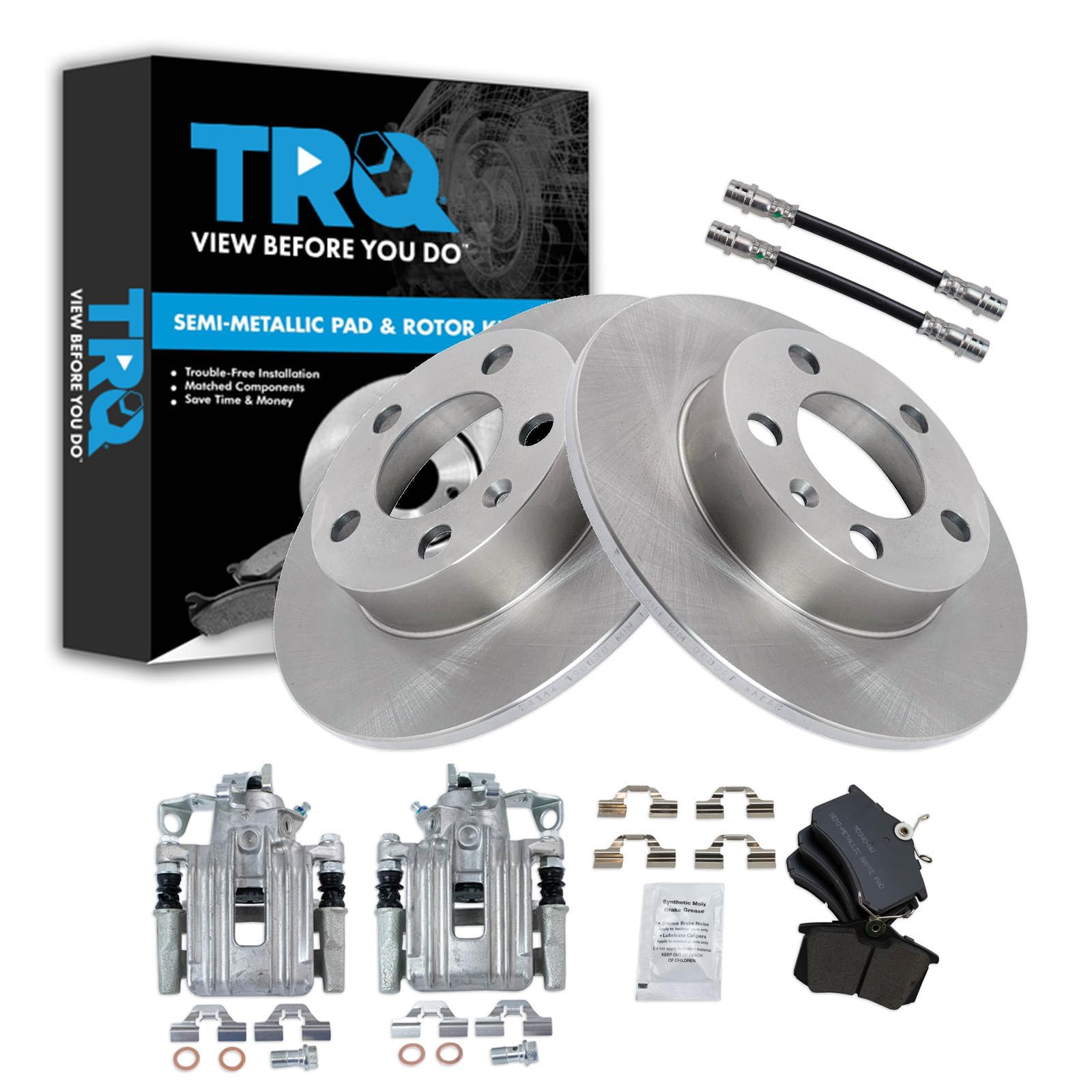 TRQ Rear Brake Pad and Rotor Set Semi Metallic Rotors Calipers Compatible with 1999 Volkswagen Jetta
