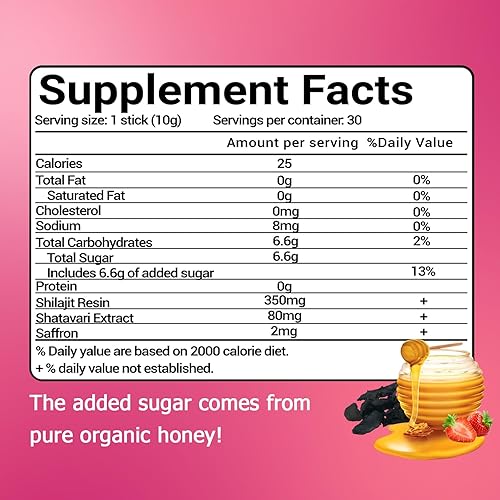 Miniatura 2 de Shilajit - Palitos de miel Shilejit para mujeres y hombres, sabor fresa, energía natural y apoyo de vitalidad, equilibrio hormonal, enfoque y