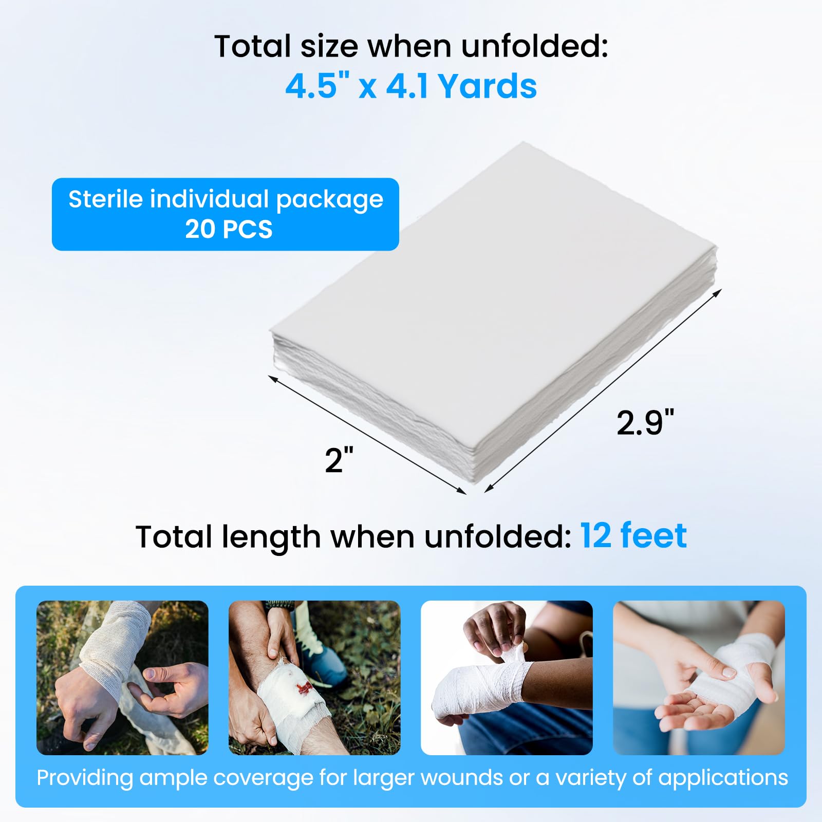 Garza compressa sterile, piegata a Z, pronto soccorso e arresto del kit di spurgo per uso domestico, tattico e di emergenza, 11,4 cm x 4,1 m (20 pezzi)