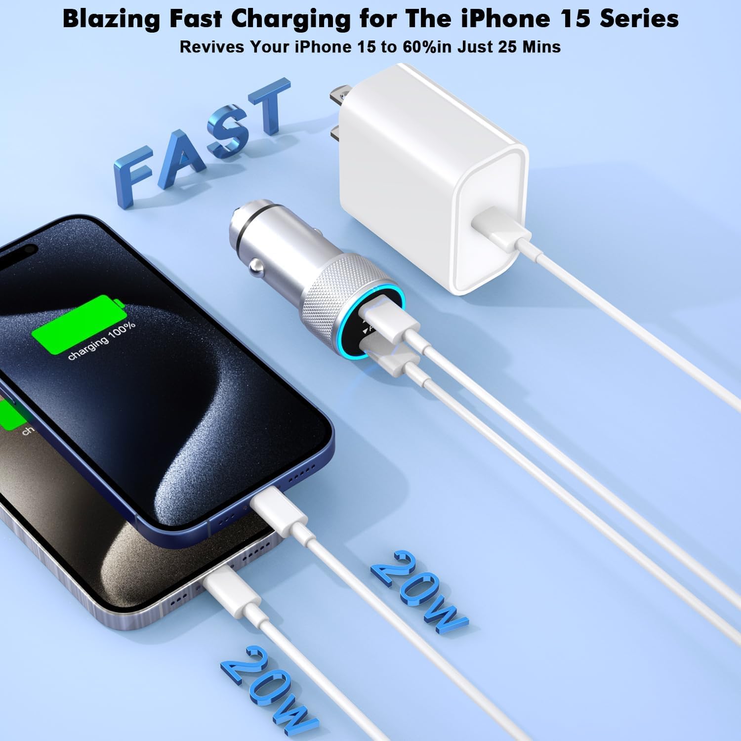 iPhone 17 16 15 Kfz-Ladegerät, 20 W Dual Port USB C Schnellladegerät mit 20 W PD Typ C Adapter + 2 Pack 3FT USB C auf C Ladekabel Schnellladung für iPhone 17/17 Pro/Air/16e/16/15 Pro Max/Airpods/iPad
