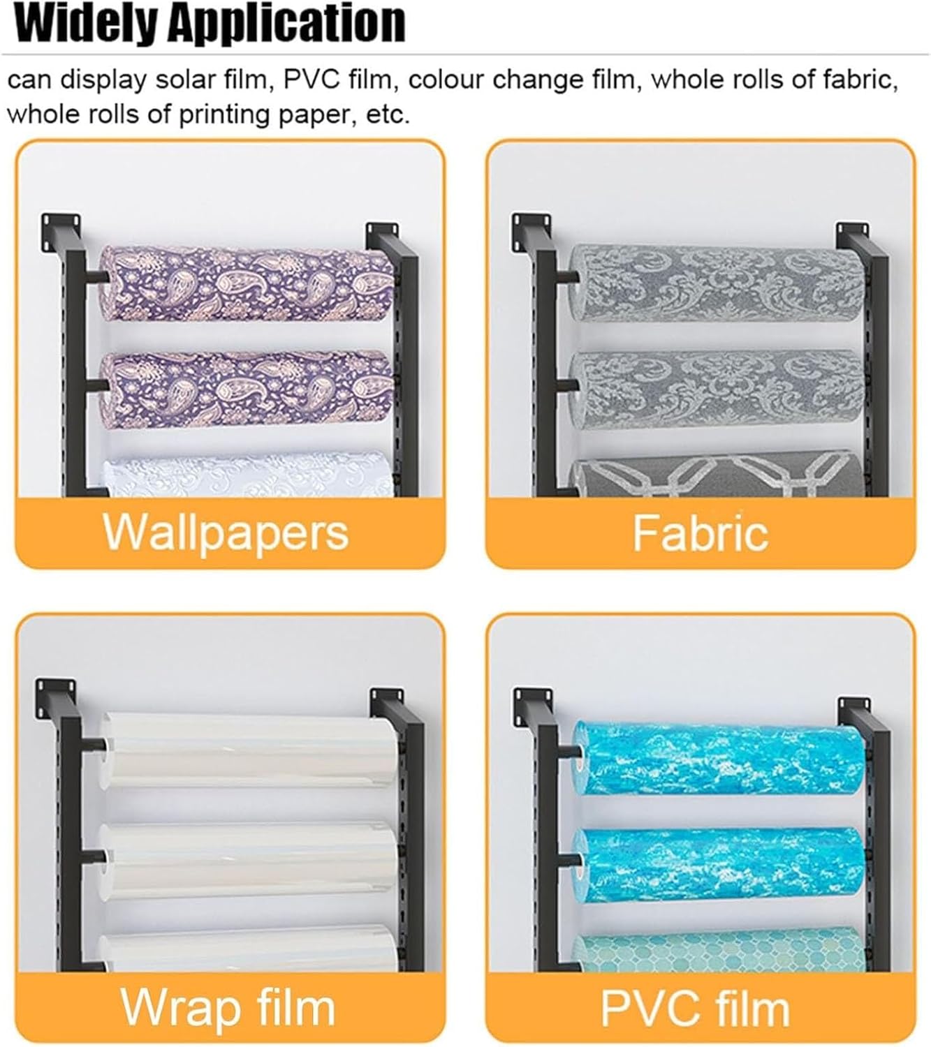 Wall Mounted Metal Fabric Sample Display Rack - 3 Rolls, Commercial Curtain & Leather Scarf Organizer, Mobile Textile Color Card Storage Shelves (2 Rows, 312x240cm)
