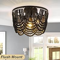 Vista 3 de Lámpara de techo bohemia negra con cuentas de madera de 12.6 pulgadas, montaje empotrado y semiempotrado para comedor, dormitorio, pasillo