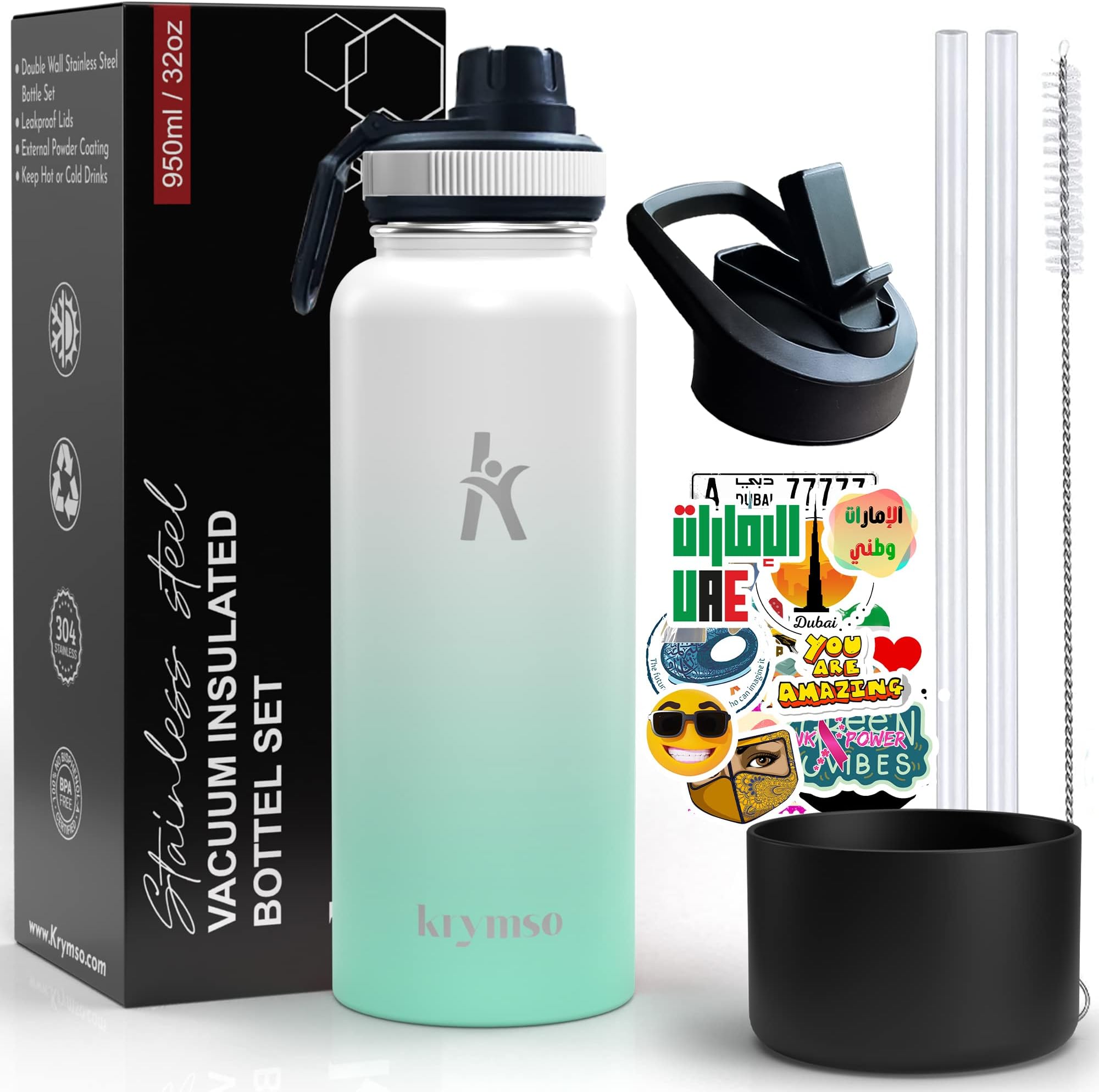 KRYMSOStainless Steel Water Bottle, Sports Water bottle with Straw, Insulated Water Bottle, Thermos Flask, Hot Water bottle for kids, Gym (Ocean Breeze, 950ml / 32oz)