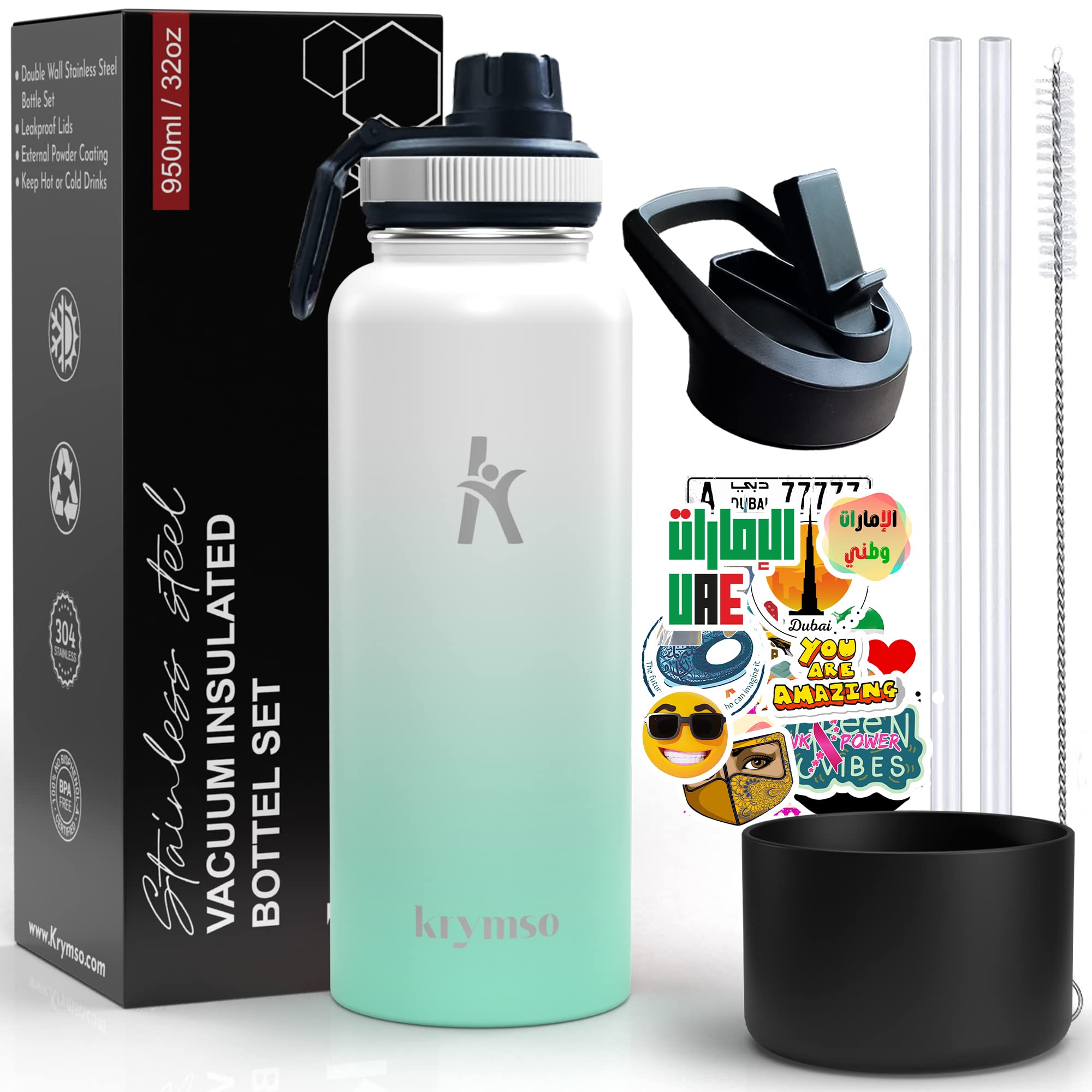 KRYMSOStainless Steel Water Bottle, Sports Water bottle with Straw, Insulated Water Bottle, Thermos Flask, Hot Water bottle for kids, Gym (Ocean Breeze, 950ml / 32oz)