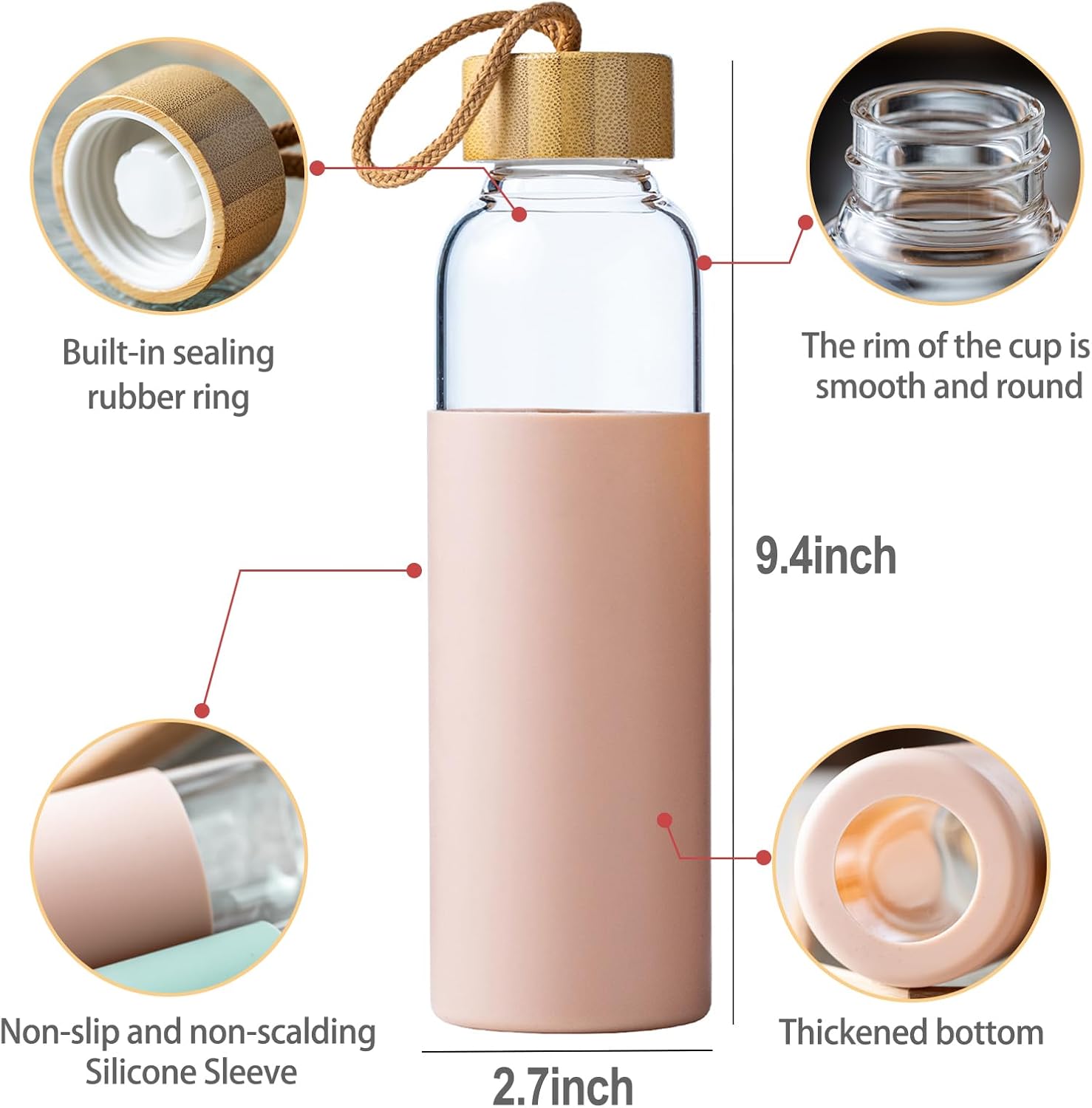 21oz Glass Water Bottle with Silicone Sleeve & Bamboo Lid, BPA Free Reusable Water Bottle Glass for Gym Office Travel, Gift for Fitness Enthusiasts (Pink) - Image 2