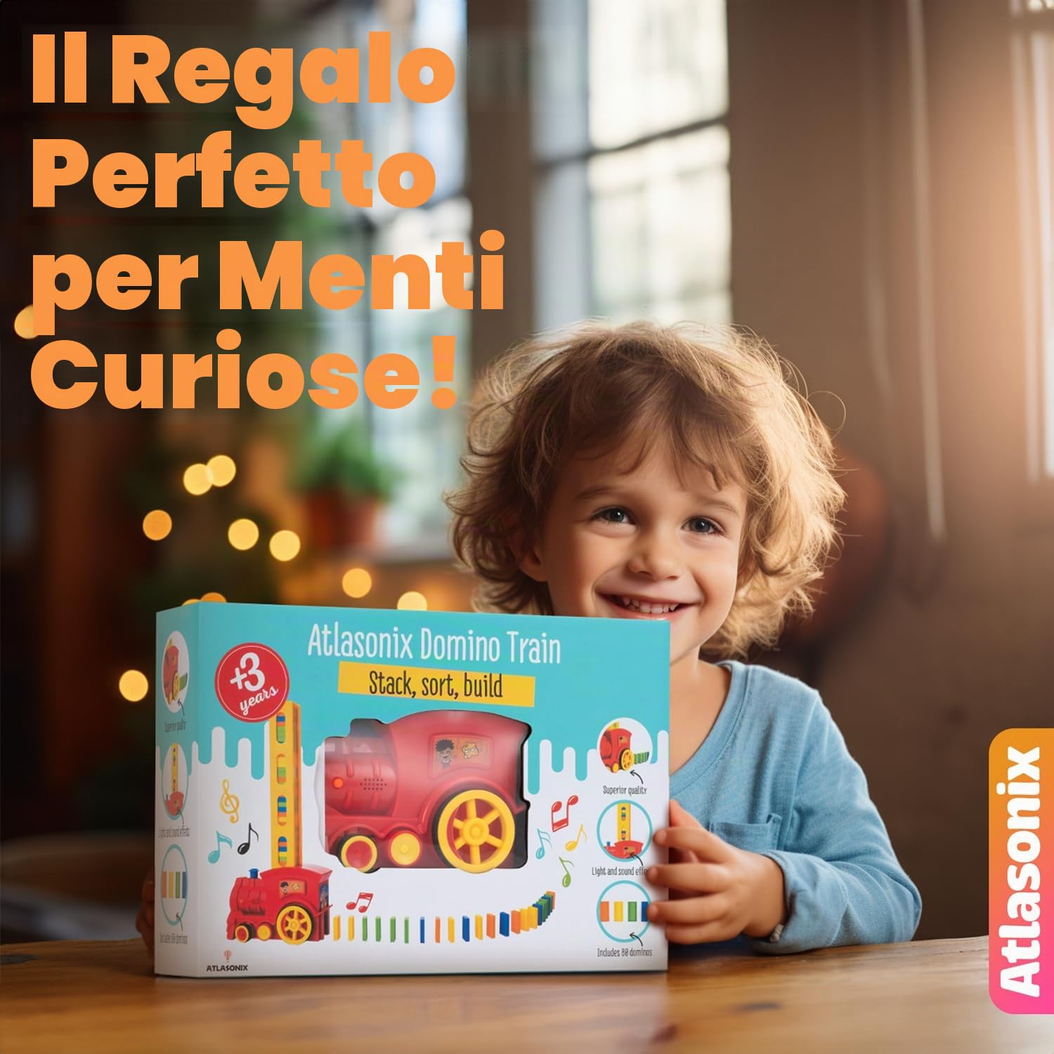 Atlasonix Domino Train Set da 160 pezzi per domino per bambini, prepara automaticamente la tua esperienza di rally per ragazzi e ragazze dai 3 agli 8 anni, rosso