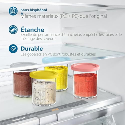 vione Remplacement des pintes et couvercles Ninja Creami Deluxe - 4 packs, 24 oz. Compatible avec les séries NC501, NC500 - Sans BPA, Lavable au lave-vaisselle, Couleurs assorties - 4