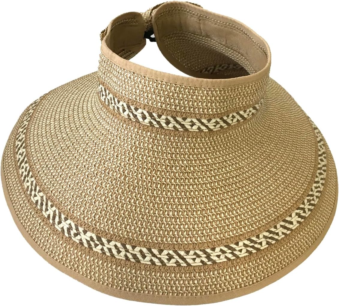 Magid Packable Wide Brim Straw Sun Visor Hat, Roll-Up Design with Contrast Stitch, Toast - Perfect for Sun Protection