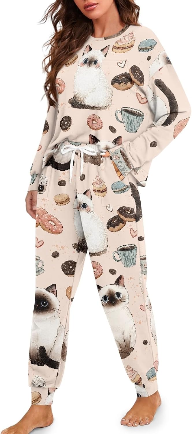 Modysero Soft Drawstring Pajamas Sets for Women Comfy Pajama 2 Piece Crewneck Loungewear with Pockets
