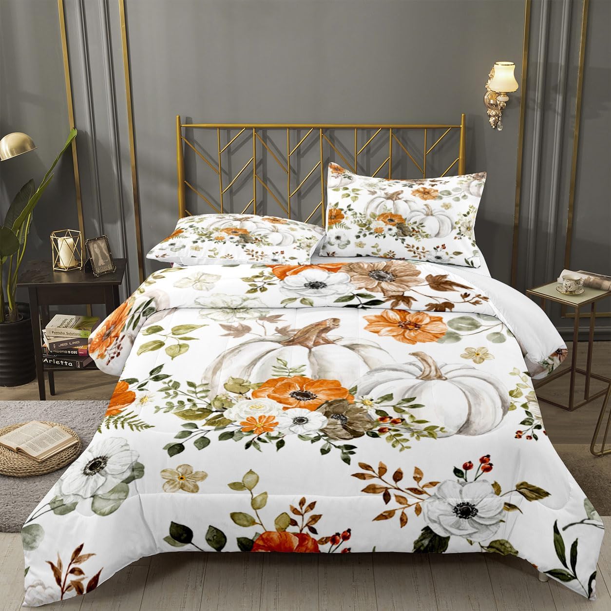 Autumn Watercolor Pumpkin Comforter Set Orange Floral Printed Quilt Bedding Set with 1 Comforter and 2 Pillow Covers for Bedroom Dormroom All Season Queen 90x90inches