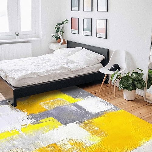 Miniatura 7 de Alfombra amarilla de 3 x 5 pies para sala de estar y dormitorio, alfombra moderna abstracta gris, alfombra suave antideslizante, alfombra de