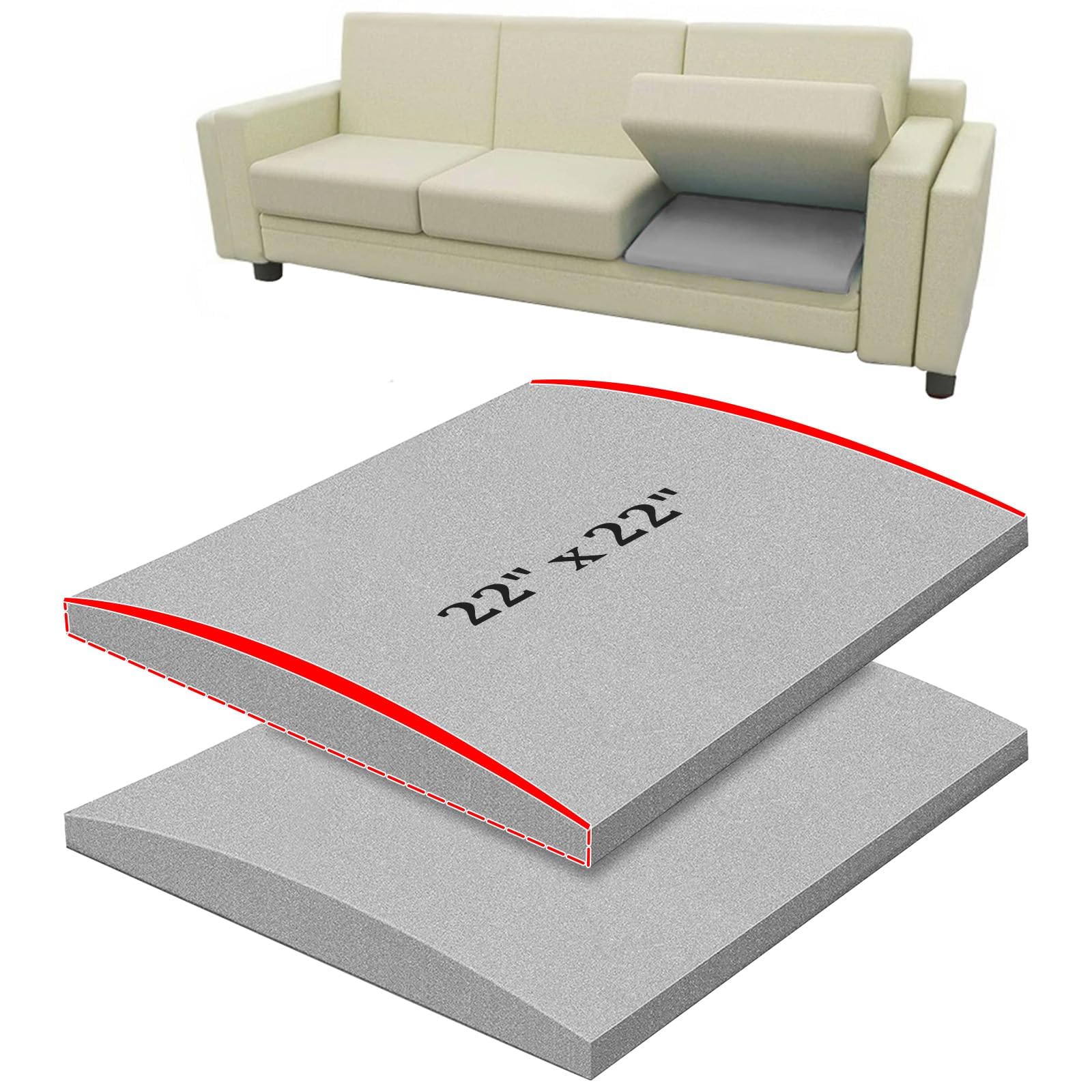22" x 22" couch cushion support for sagging seat, 2 pcs large size insert sofa cushion support for better lift, 45d high-density foam couch replacement for furniture seat sagging repair, grey