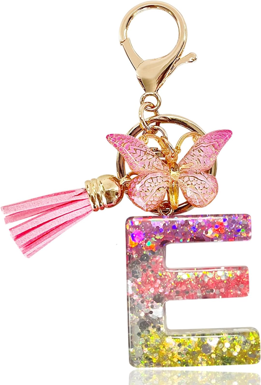 YanmucyLetter Keyring Girls Rings Purple Cute Key Ring Glitter with Butterfly Tassels Resin Keychain Aesthetic for Bag Charm Women Girls Bag Dec