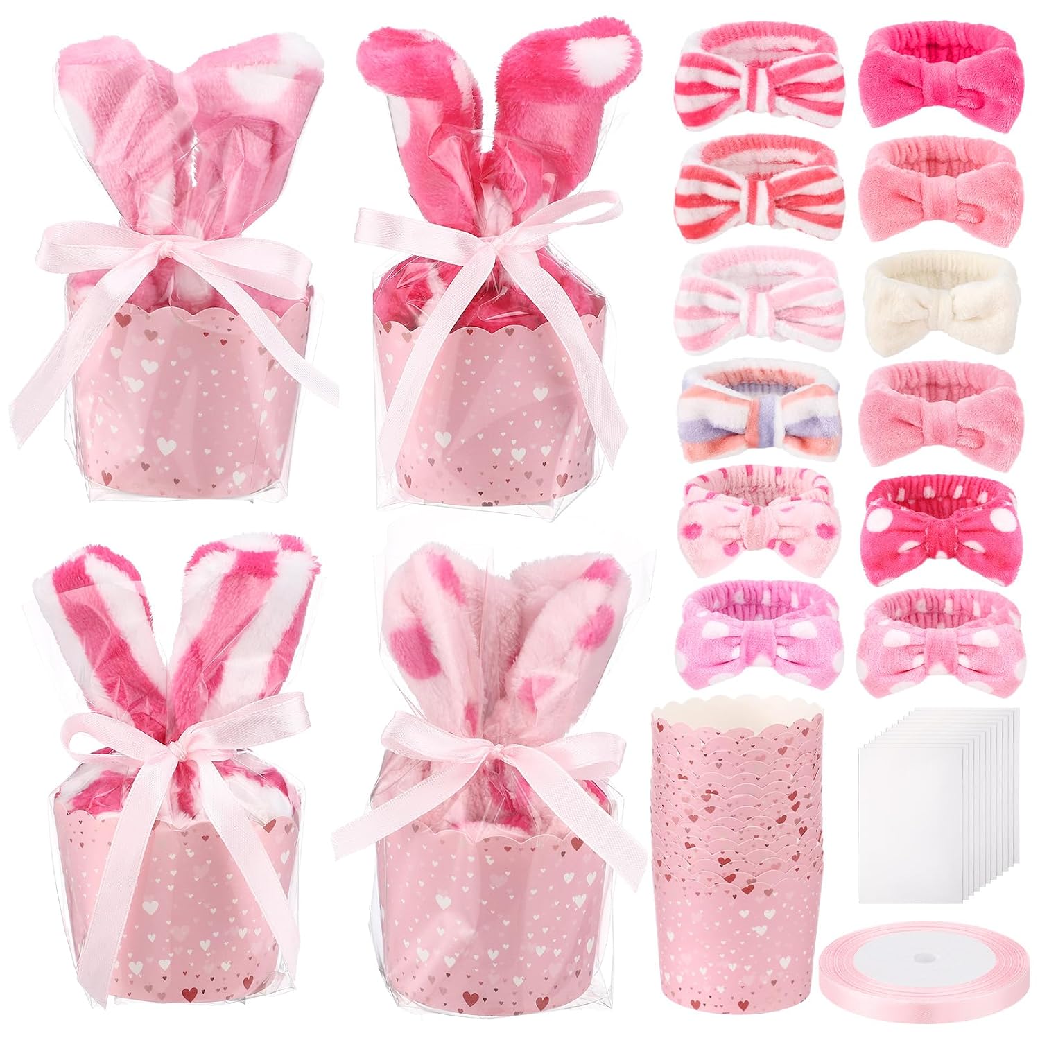 12 Set Galentines Day Gift for Women Valentines Cupcake Headband DIY Gift for Her Include Pink Bow Fuzzy Headbands Cupcake Cup Transparent Bag and Ribbon for Valentines Galentines Day