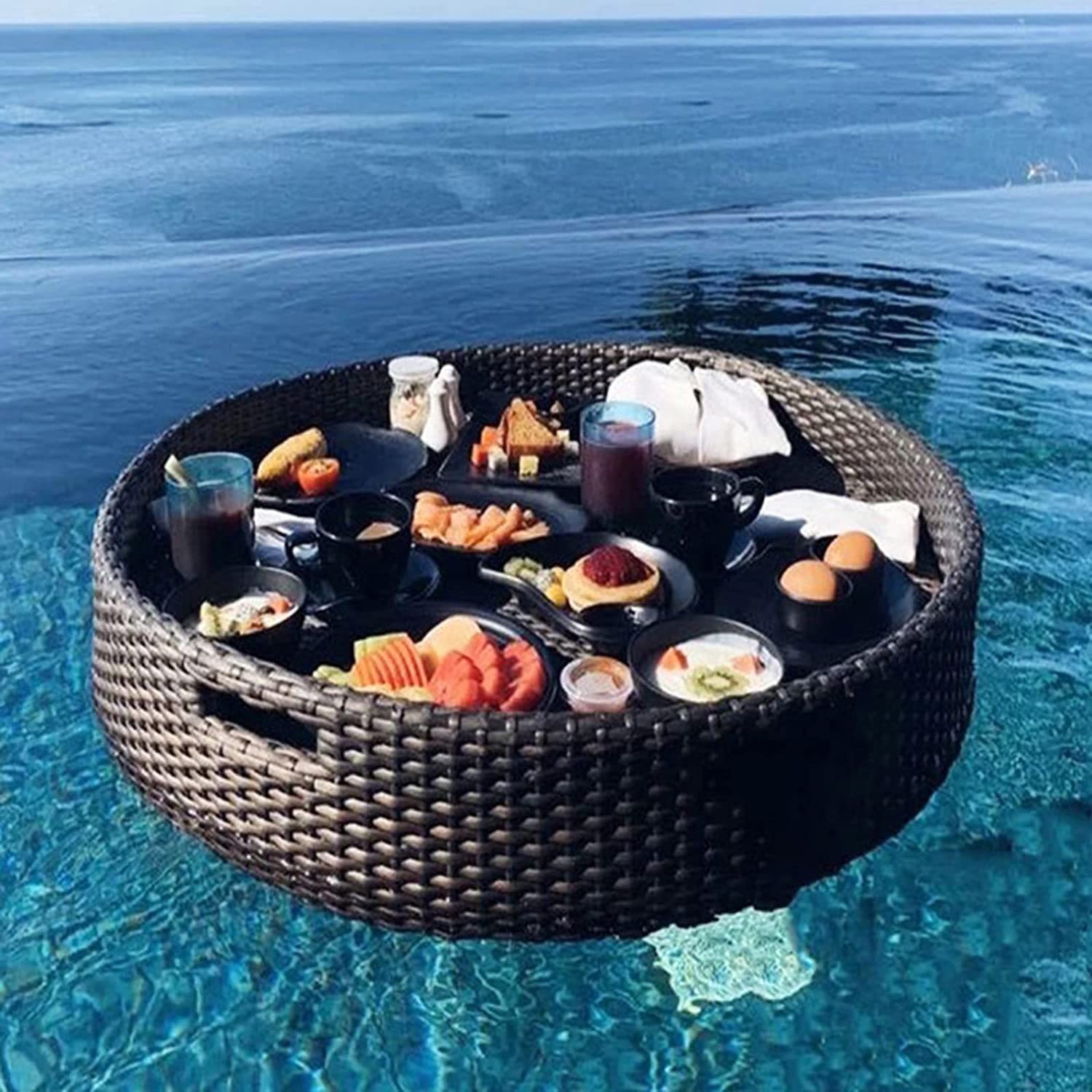 DFGHNBVC Floating Tray Round Rattan Woven Serving Tray Rattan Floating Breakfast Tray With Handles,Swimming Pool Floats,For Pool Serving Drinks,Brunch,Food On The Water,Black-60 * 60 * 20Cm