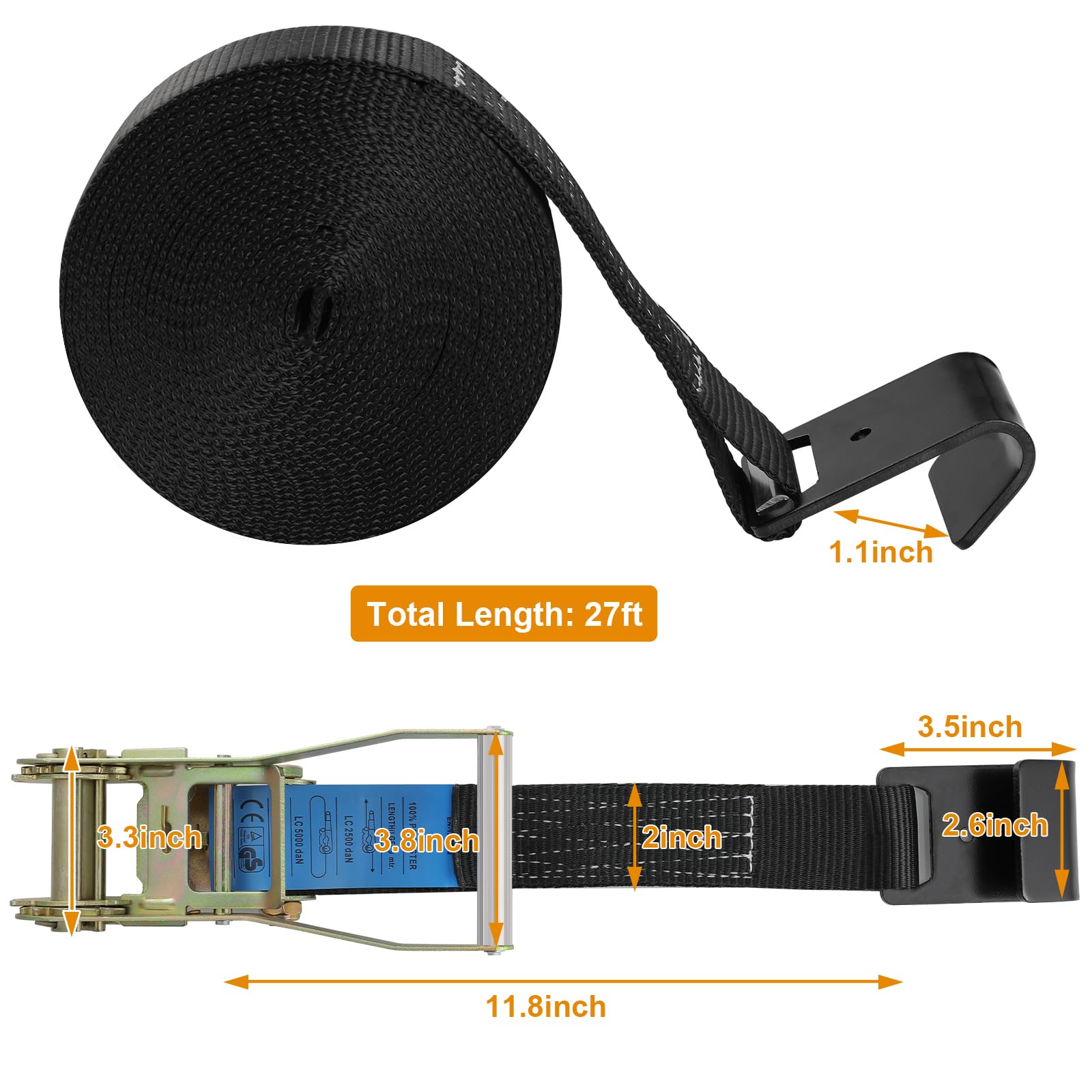 TLGREEN Confezione da 4 cinghie a cricchetto piatte da 5,1 cm x 7,8 m (resistenza alla rottura di 5 kg), cinghie resistenti per camion (nero)