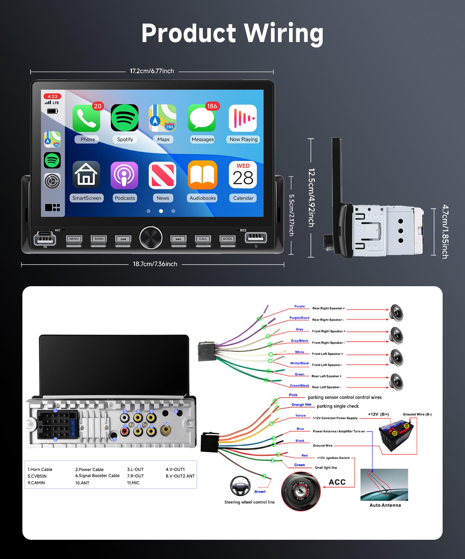 VECHTEL Autoradio 1 Din Touches de Piano avec Carplay Android Auto sans Fil, 7 Pouces IPS HD Écran Tactile Poste Radio Voiture Soutien Bluetooth Radio FM EQ USB/Type-C Mirror Link SWC Caméra de Recul