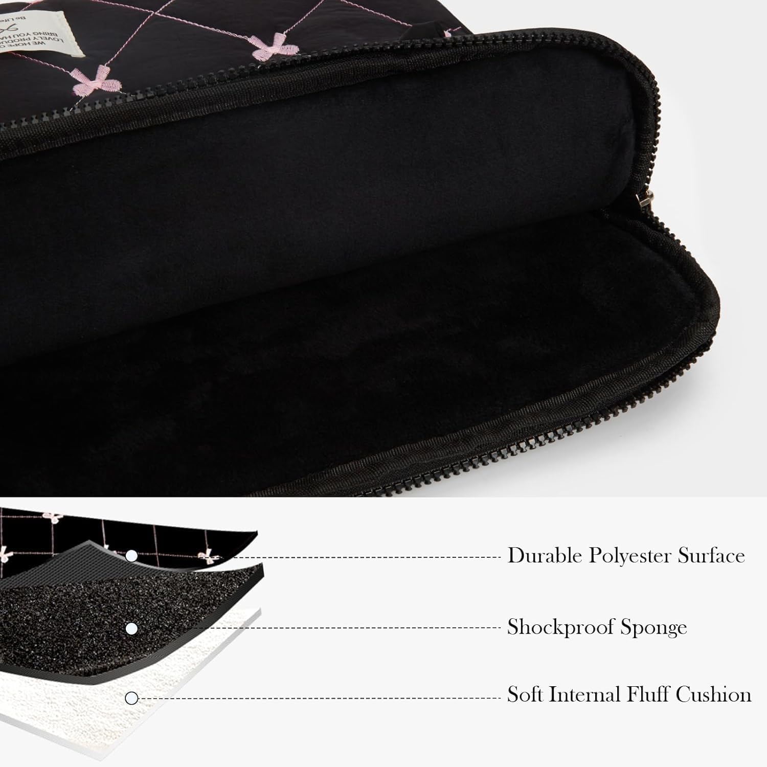 Quilted Bow Laptop Sleeve for Women Cute Puffy Laptop Case 13-15 Inches Computer Bag Suitable for MacBook (Black, 13inch)