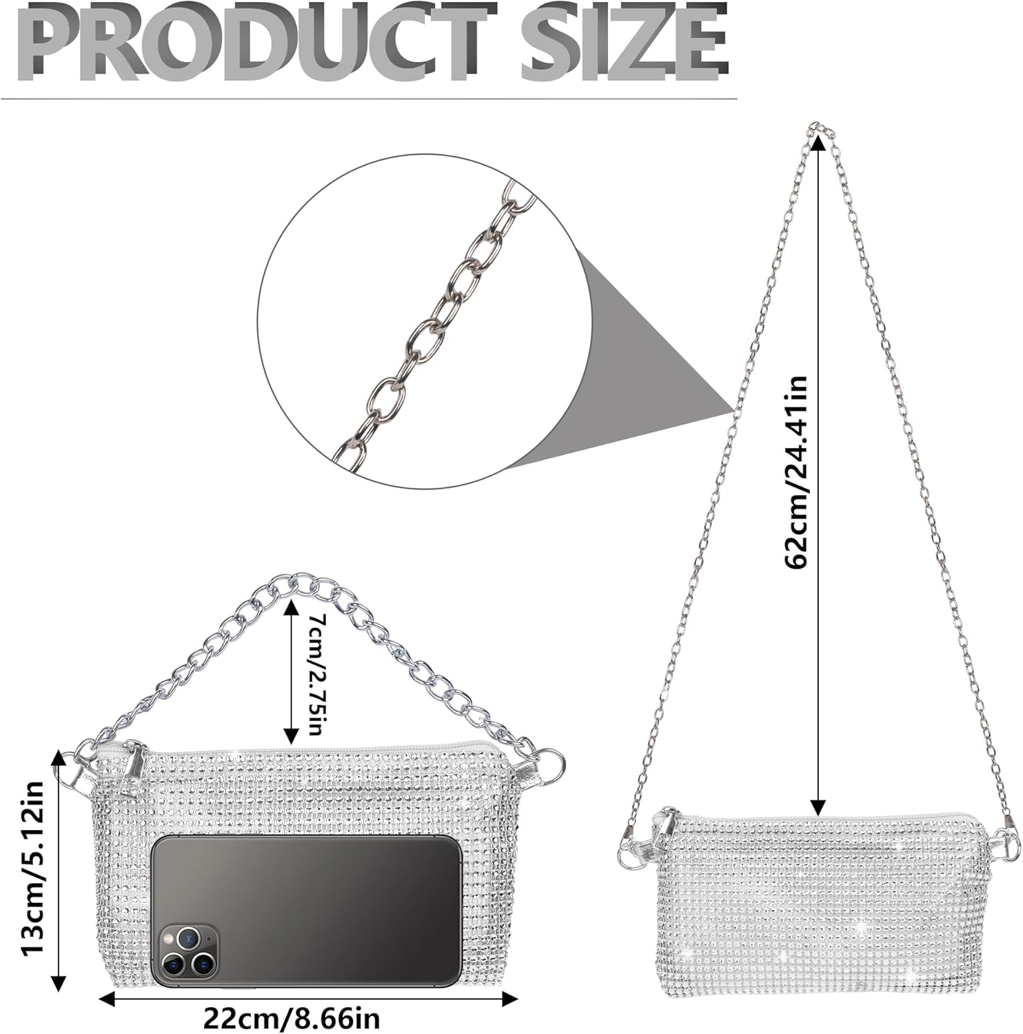 Women Crossbody Bag Rhinestone Bling Evening Clutch Bag,Ladies Handbag Glitter Messenger Bag Sparkly Rhinestone Purses,Women's Bling Shoulder Bags for Banquet Wedding Party,Silvery - Image 3