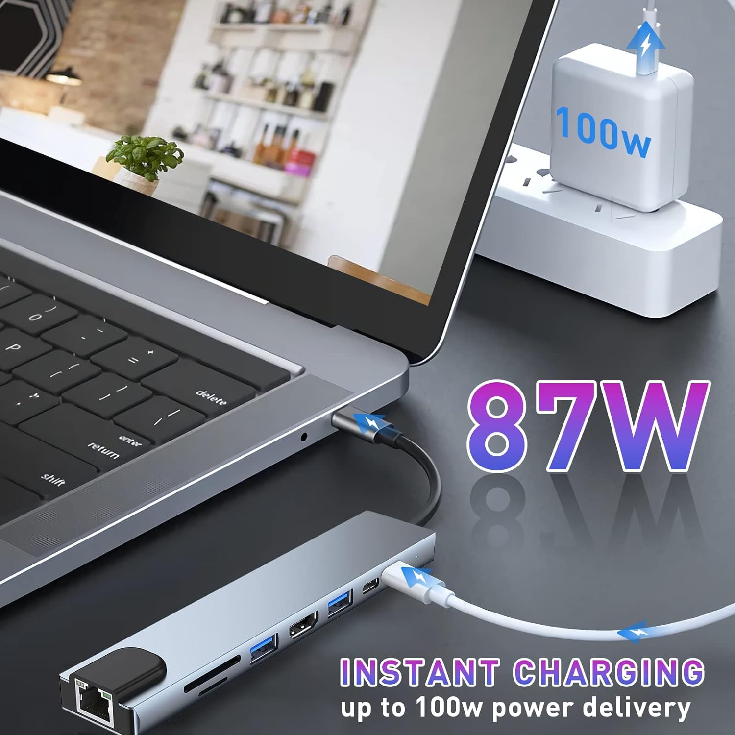 Moman Stacja dokująca, koncentrator USB C 8 w 1 z 100 W PD, 4K 30 Hz HDMI, 5 Gbps USB 3.0, USB 2.0, USB C, RJ45 Ethernet, czytnik kart SD/TF do myszy, klawiatury, dysków U, dysków flash, mobilnych