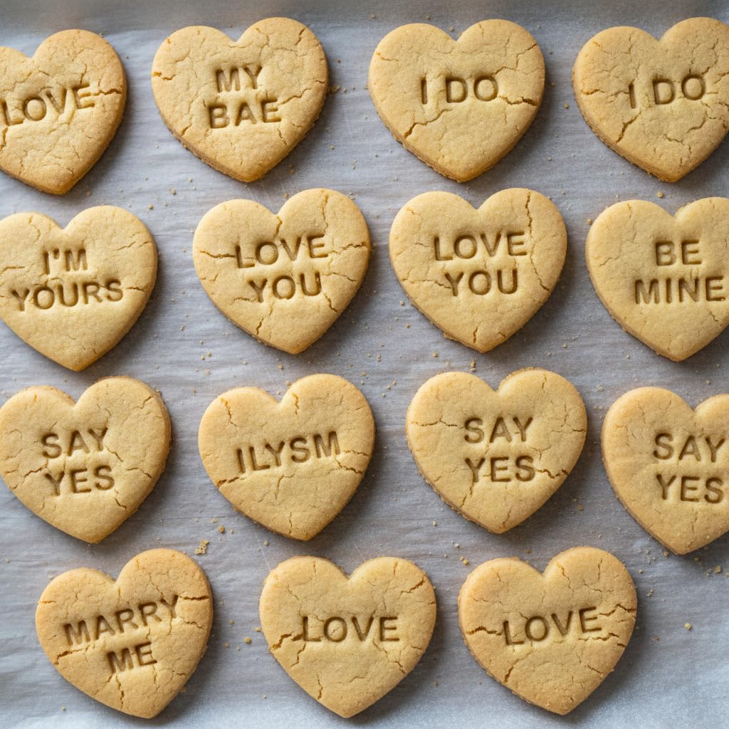 BAKERLOGY Lot de 10 emporte-pièces cœur messages amour & demande – Messages romantiques mignons pour rendez-vous, Saint-Valentin, mariages, fiançailles, anniversaires et biscuits de célébration
