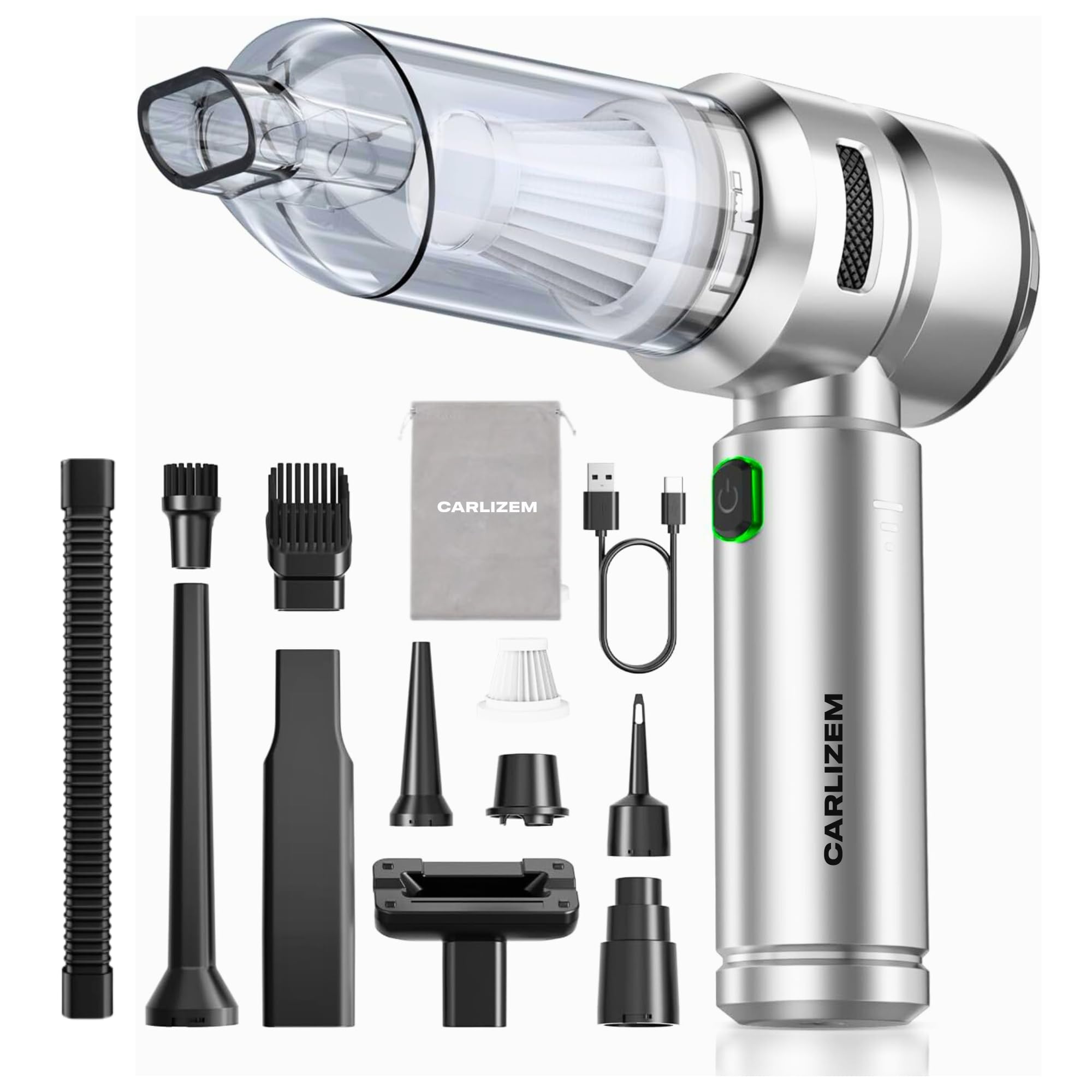 Carlizem® TurboJet500 4-in-1 18000PA Powerful Car Vacuum Cleaner & Air Blower | Wireless 4X More Suction Power BLDC Motor | 3 Suction Speeds | 30 Mins Runtime Rechargable Type C 18 Months Warranty