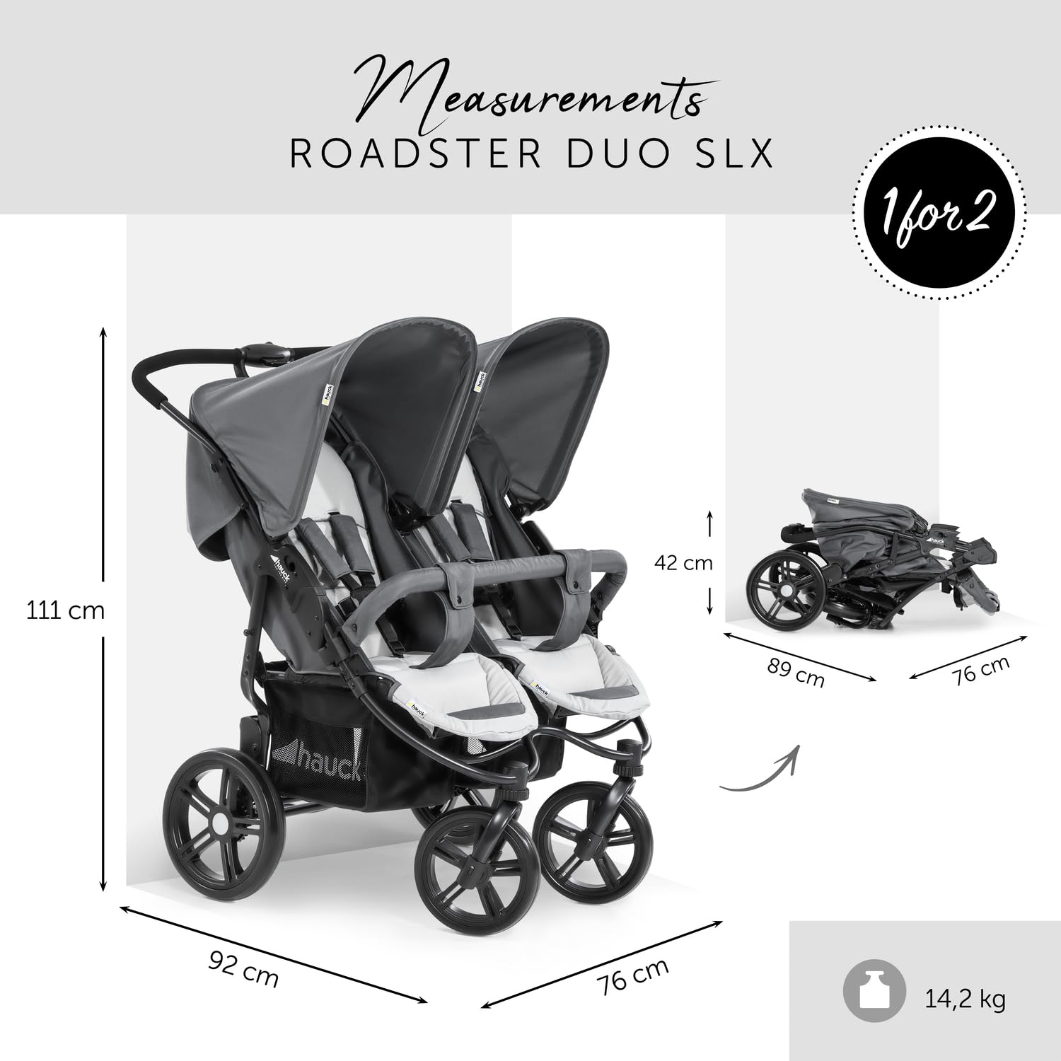 Hauck Roadster Duo SLX Zwillingsbuggy ab Geburt bis 15 kg Liegefunktion XL Korb Zusammenklappbar Grau Silber