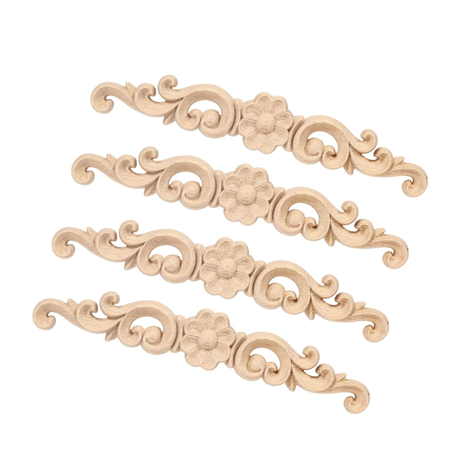 4Pcs European Carved Unpainted Mouldings Wood Applique Onlays for Bed Headboard Closet Doors DIYer 6.3Inch Furniture Decoration