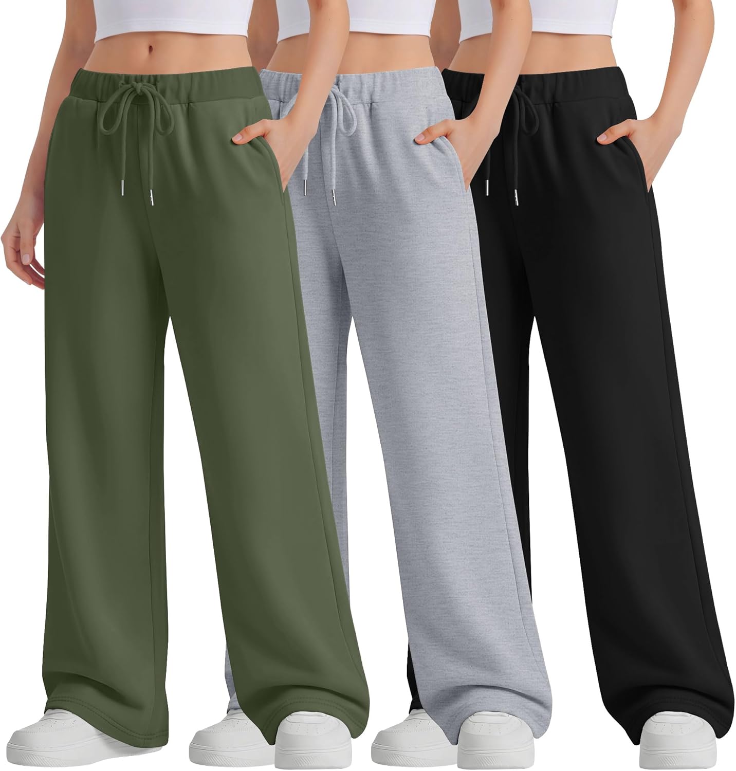 3 Pack Girls Wide Leg Sweatpants Kids Drawstring High Waist Baggy Pants Teen Athletic Trousers with Pockets