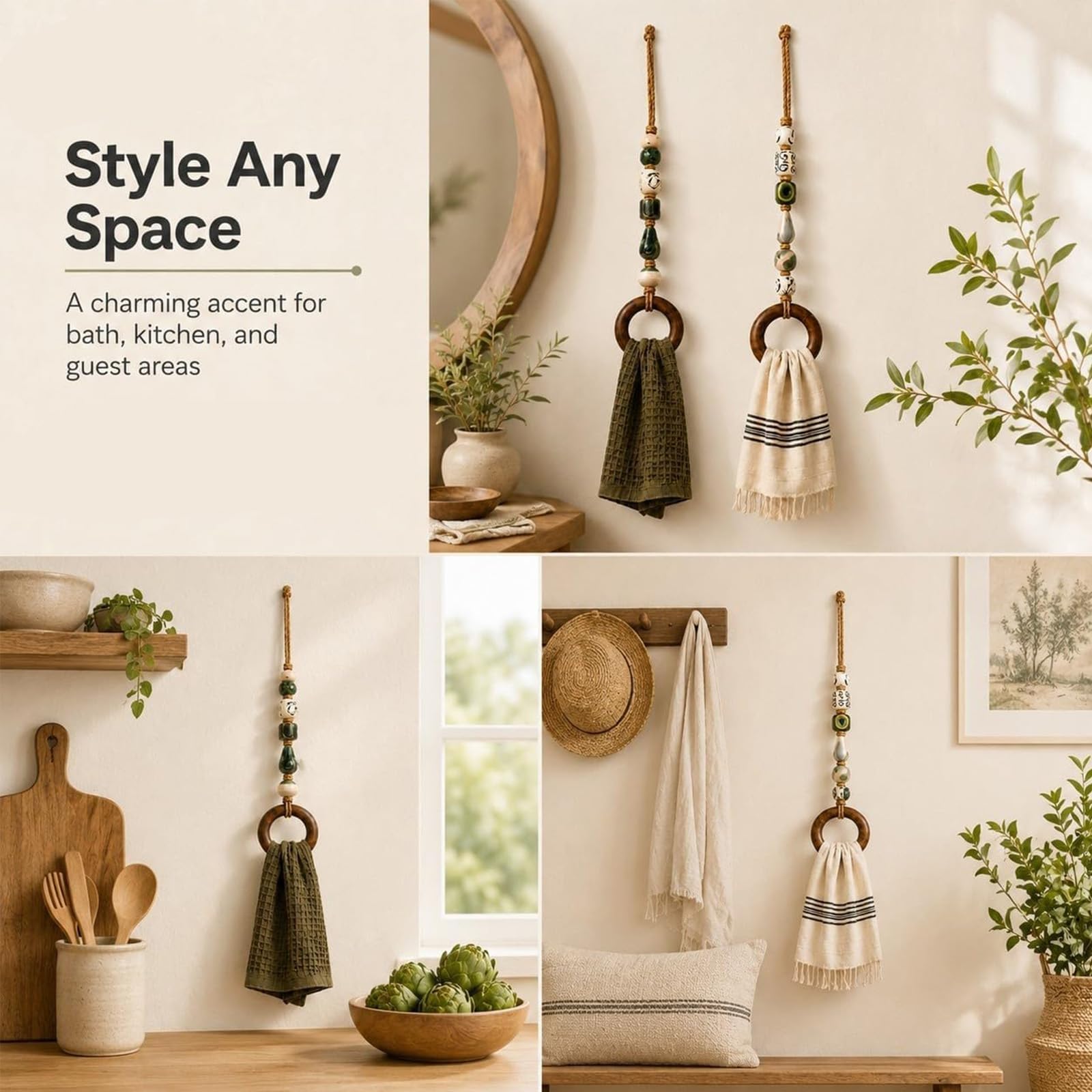 Porta-asciugamani decorativo con perline e anello in legno,stile boho (mix)